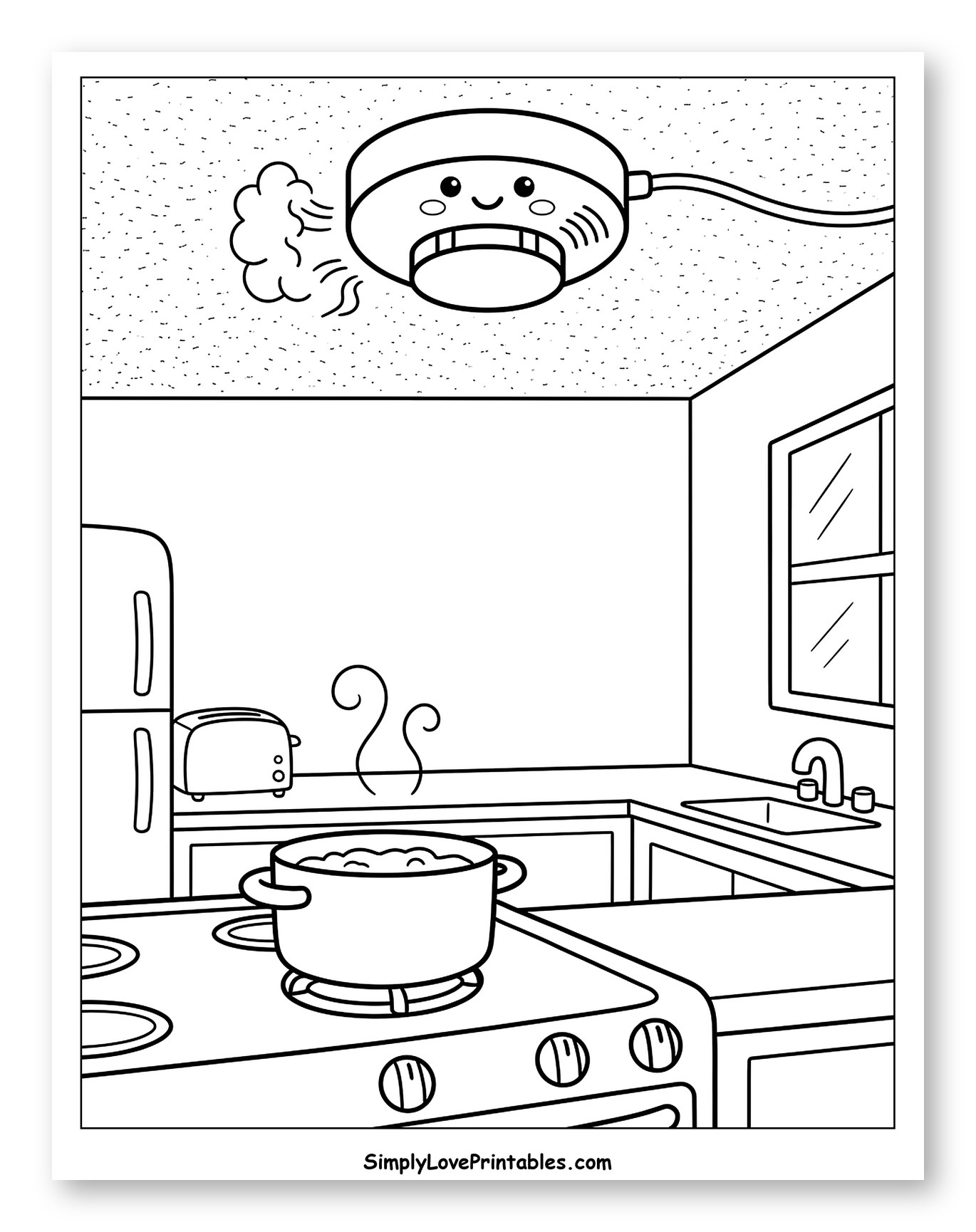Cute Smoke Detector Reacting to Kitchen Steam Coloring Page for Kids