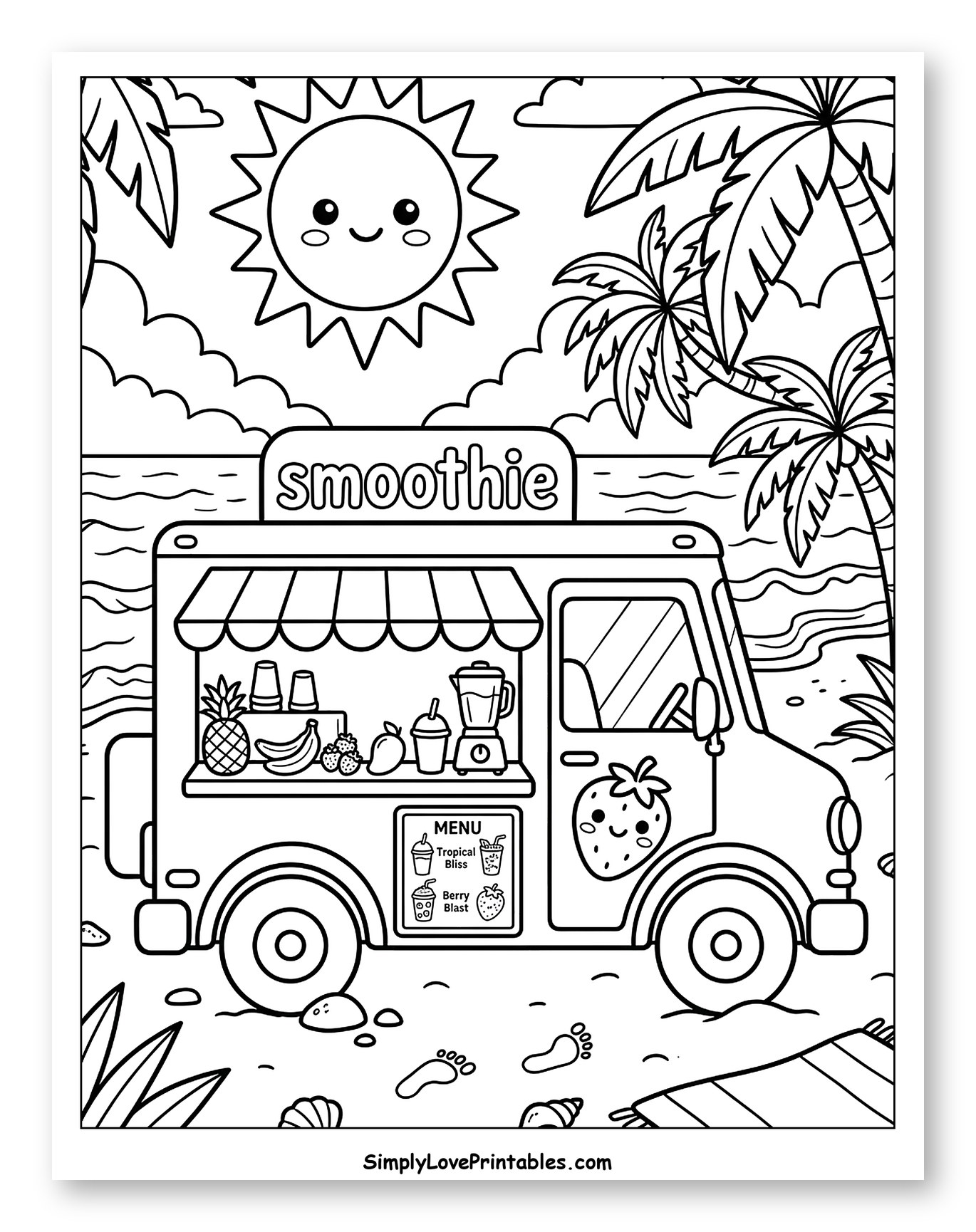 Cute Smoothie Food Truck on a Tropical Beach Coloring Sheet for Kids
