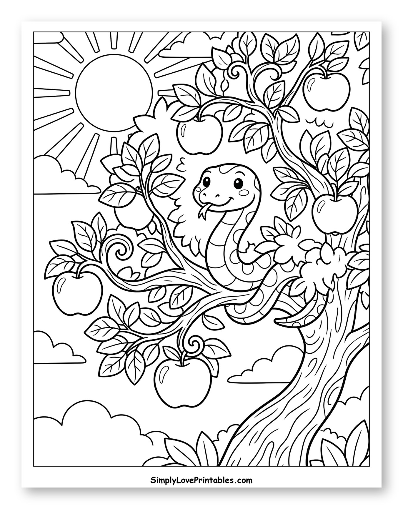 Cute Snake Peeking from the Tree of Knowledge Coloring Page for Kids