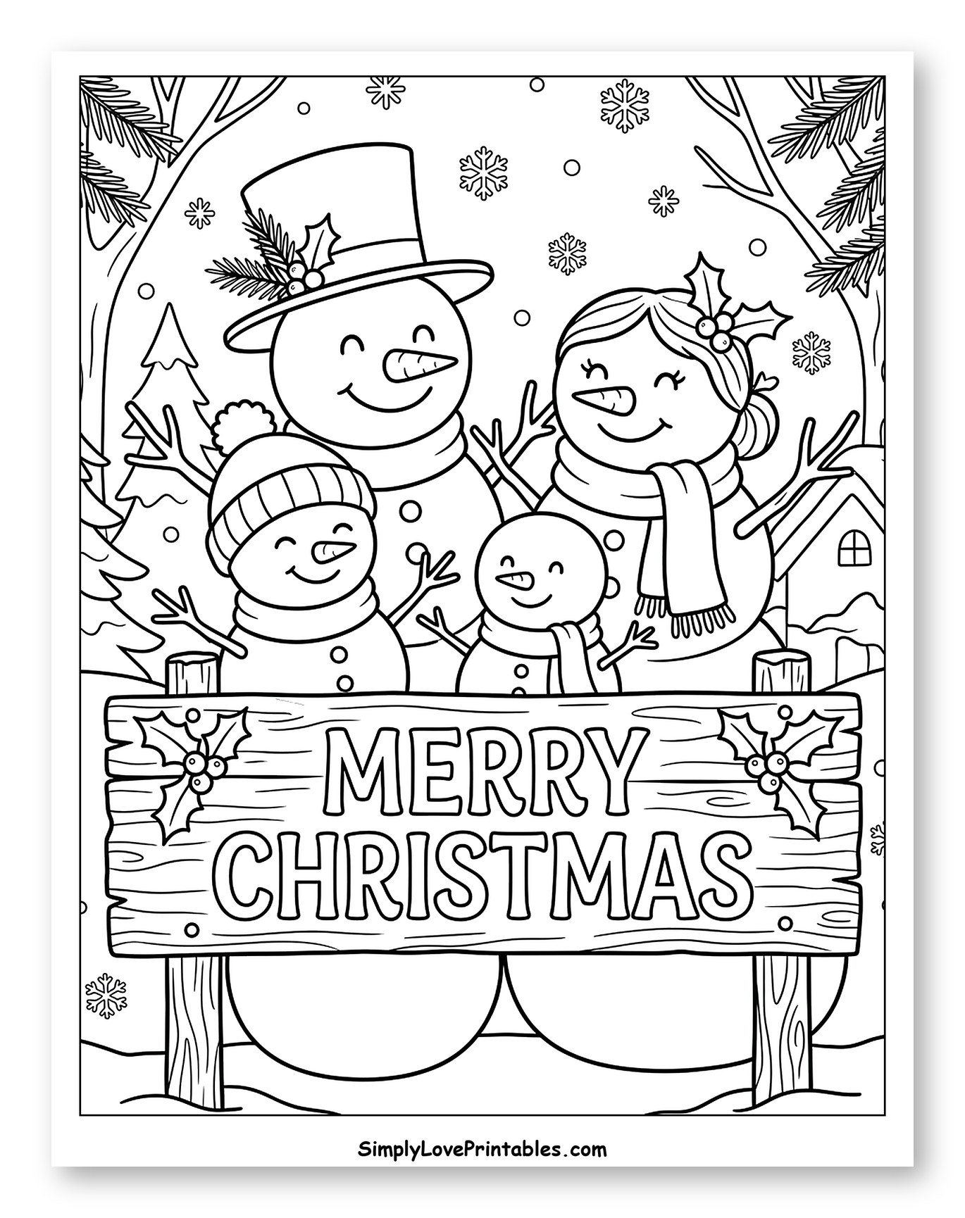 Cute Snowman Family with Merry Christmas Sign