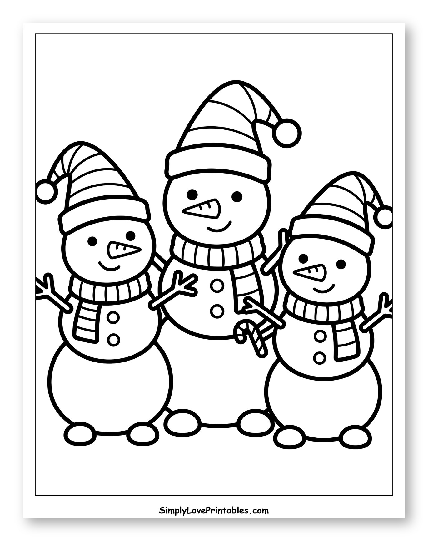 Cute Snowman Family with Striped Winter Hats Coloring Sheet for Toddlers