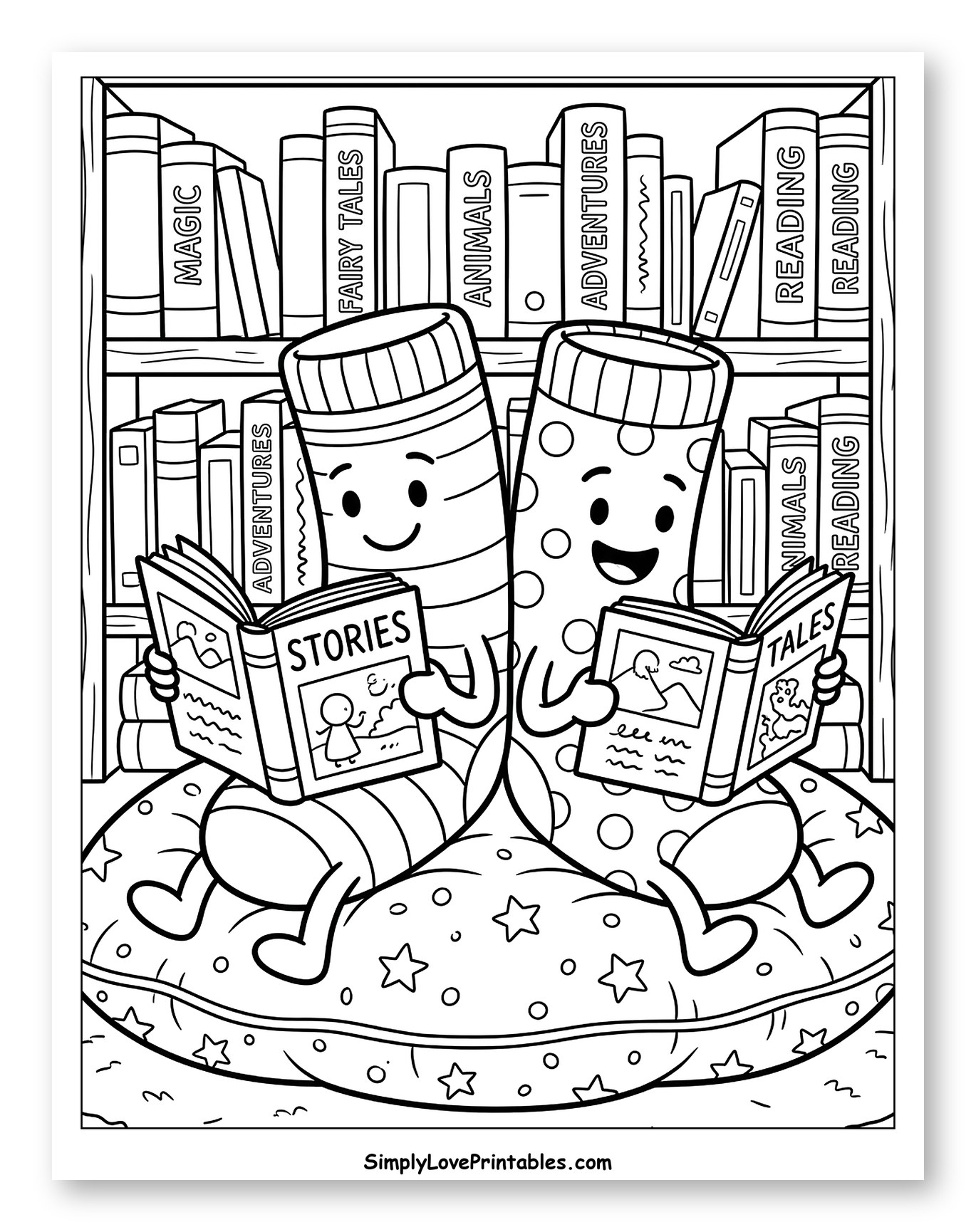 Cute Socks Reading Books on a Pillow Coloring Sheet for Kids