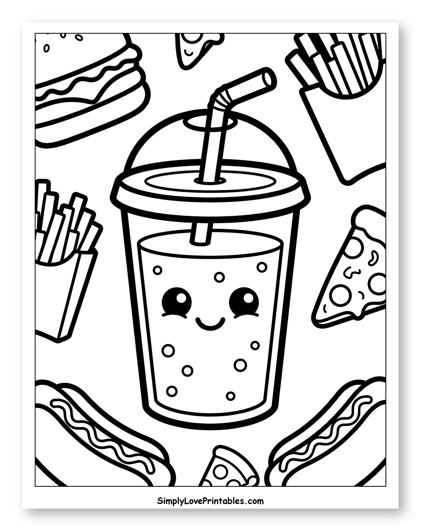 Cute Soda and Fast Food Feast Coloring Page for Toddlers