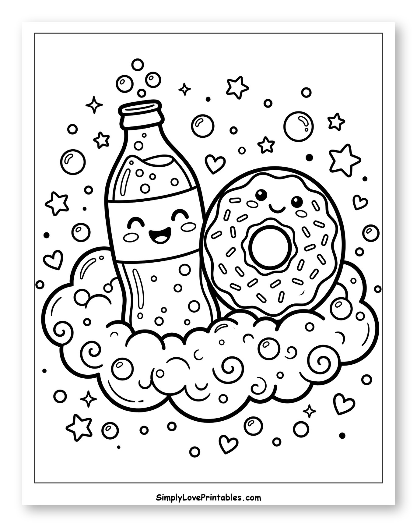Cute Soda Bottle and Donut on Clouds