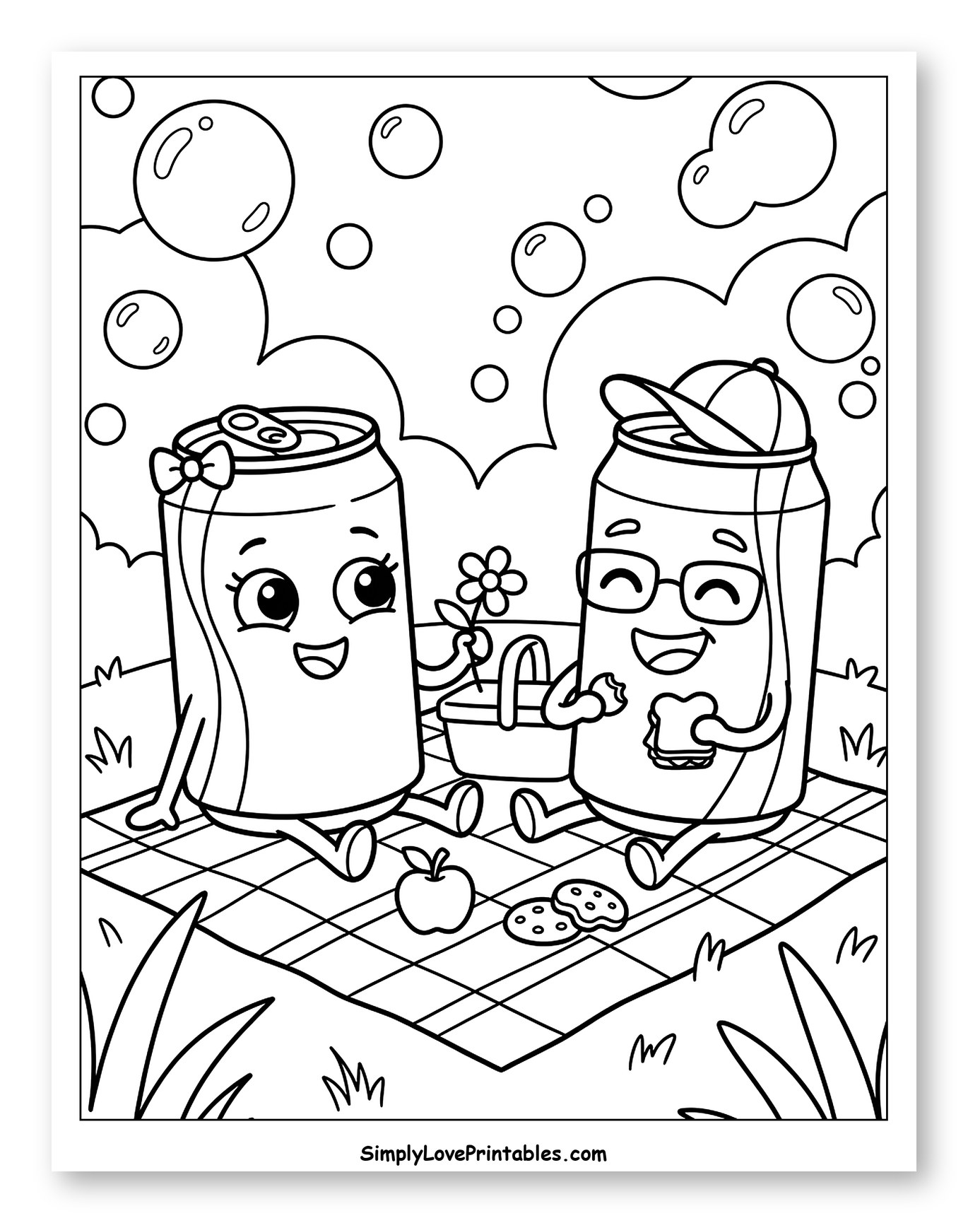 Cute Soda Cans Having a Picnic Coloring Sheet for Kids