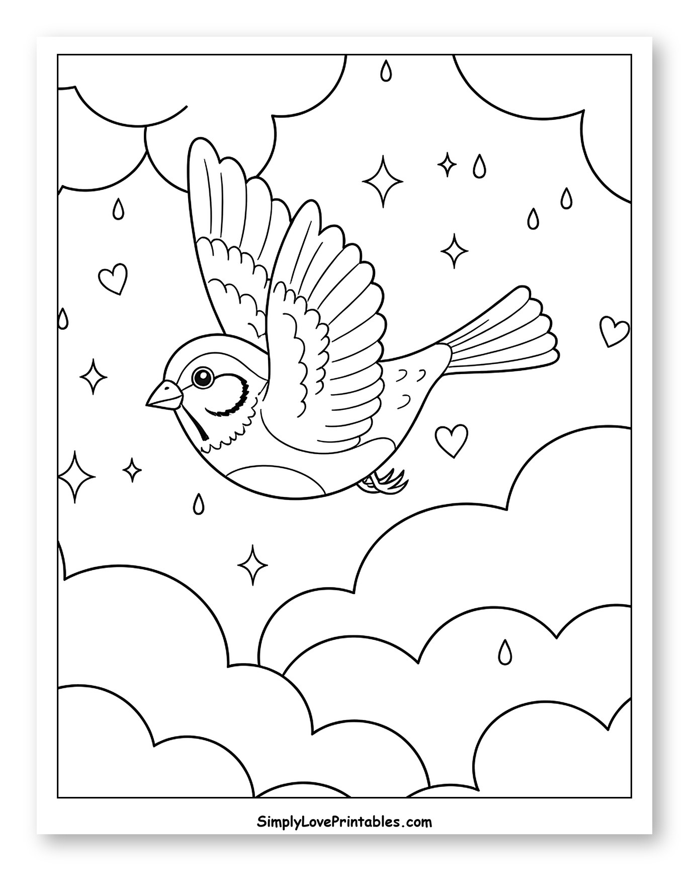 Cute Sparrow Flying Among Clouds and Raindrops