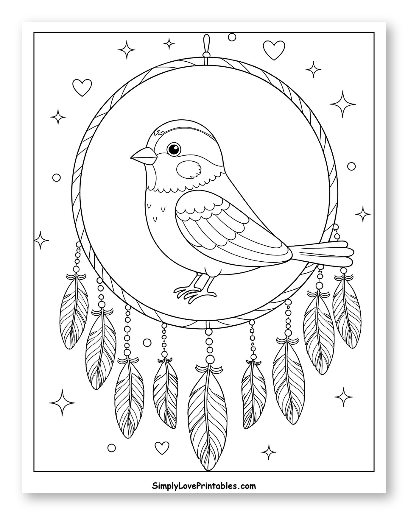 Cute Sparrow in a Dreamcatcher with Stars