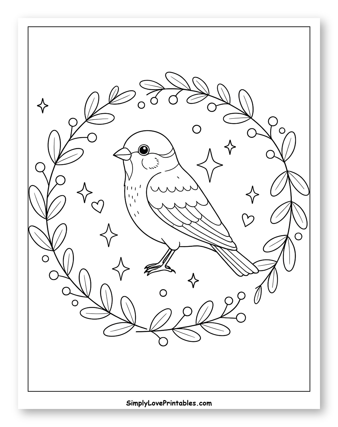 Cute Sparrow in Leafy Berry Wreath Coloring Page for Adults