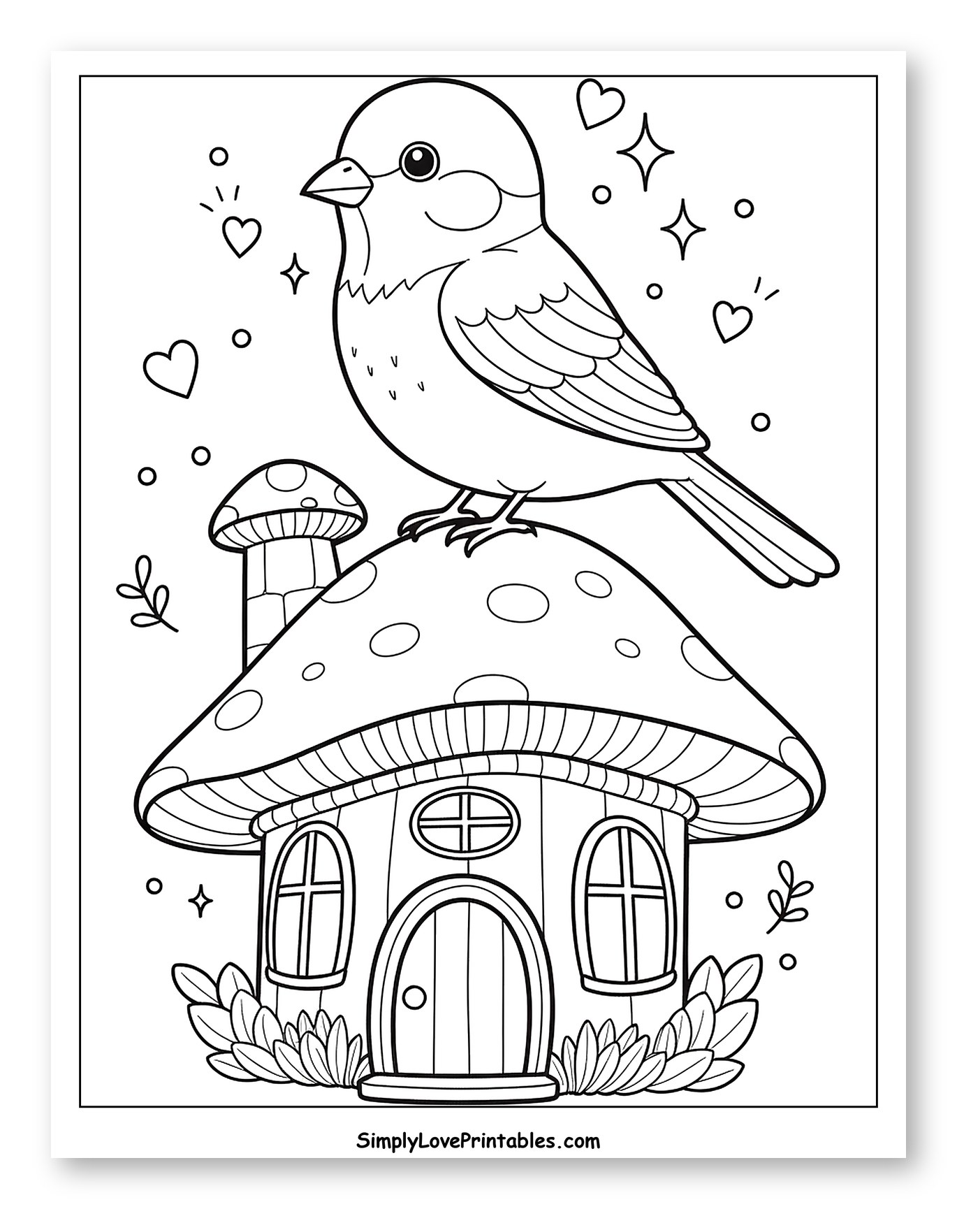 Cute Sparrow on Whimsical Mushroom House