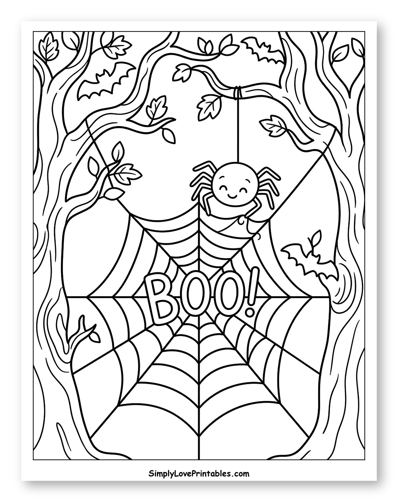 Cute Spider and BOO! Spiderweb Coloring Sheet for Kids