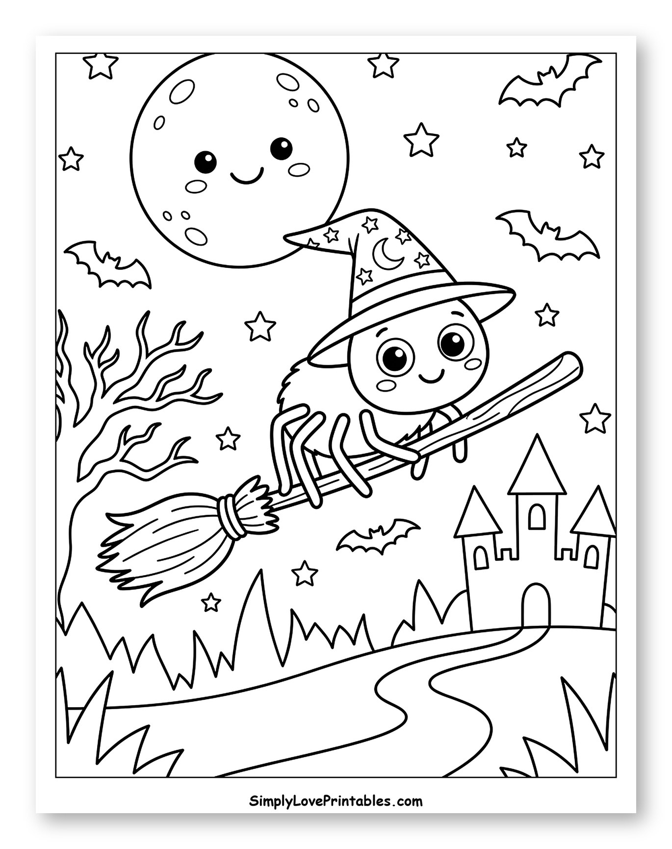 Cute Spider Witch Flying Under Smiling Moon