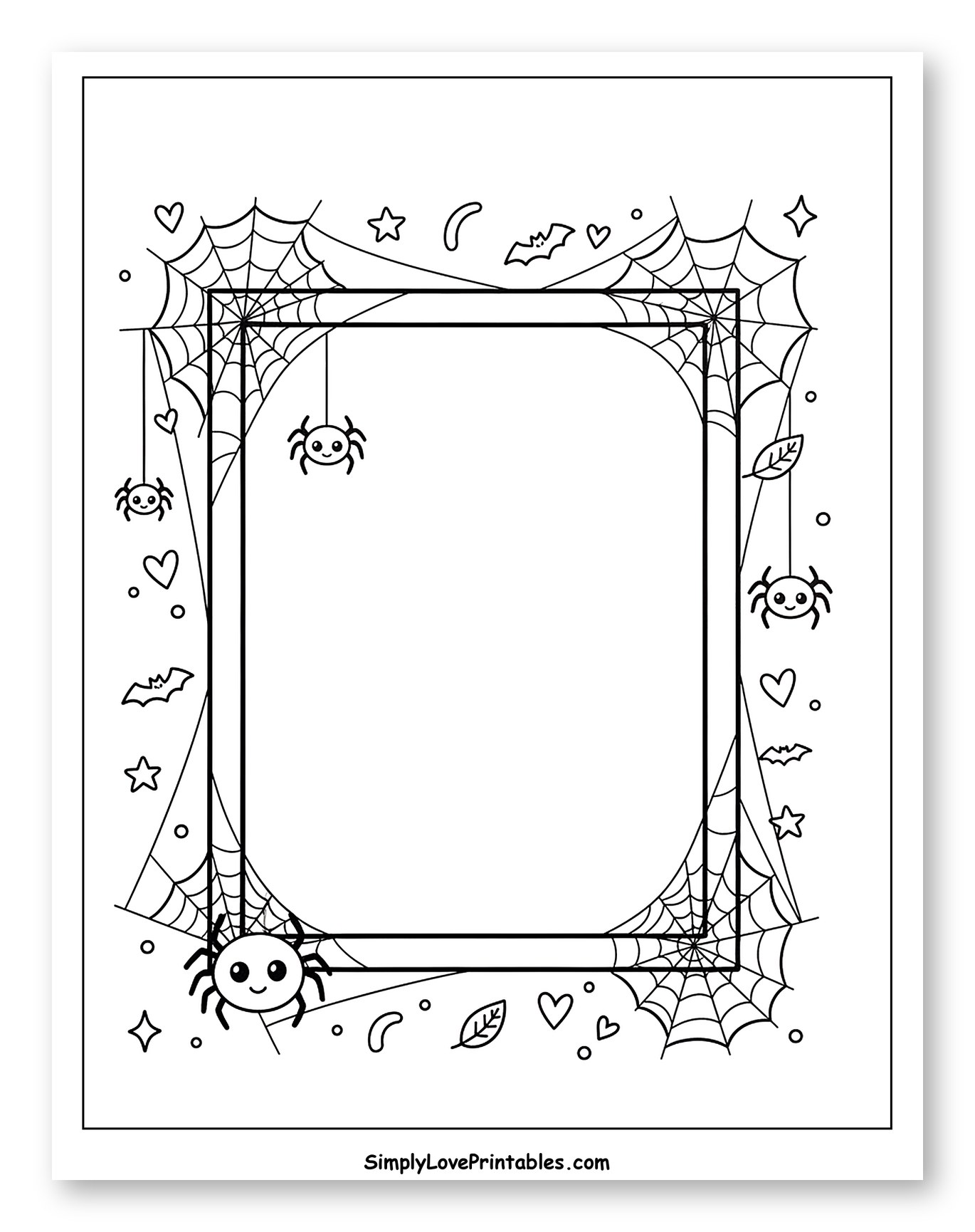 Cute Spiders and Webs Halloween Frame Coloring Sheet for Adults