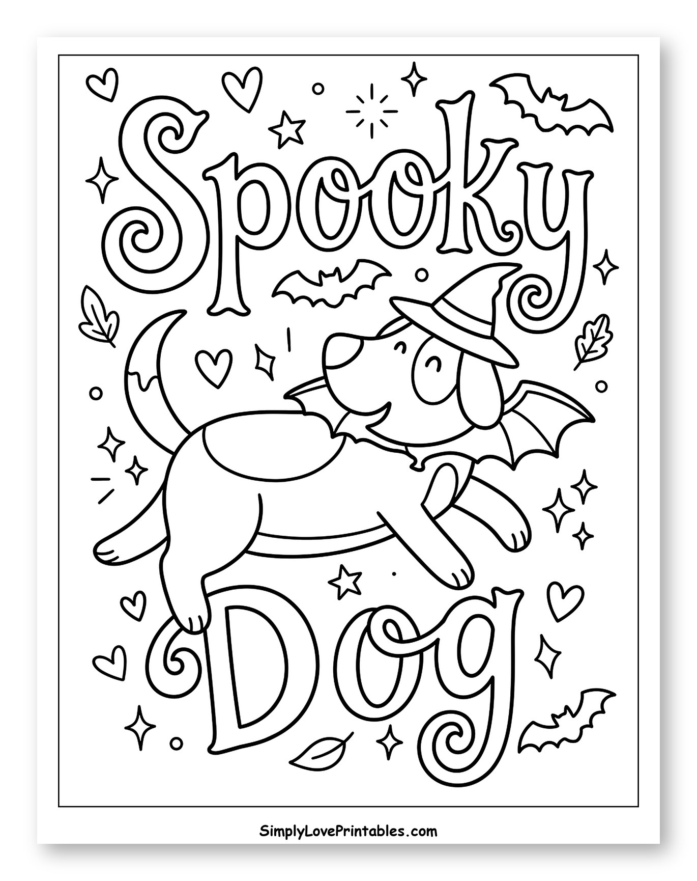Cute Spooky Dog in Witch Hat and Bat Wings Coloring Sheet for Adults