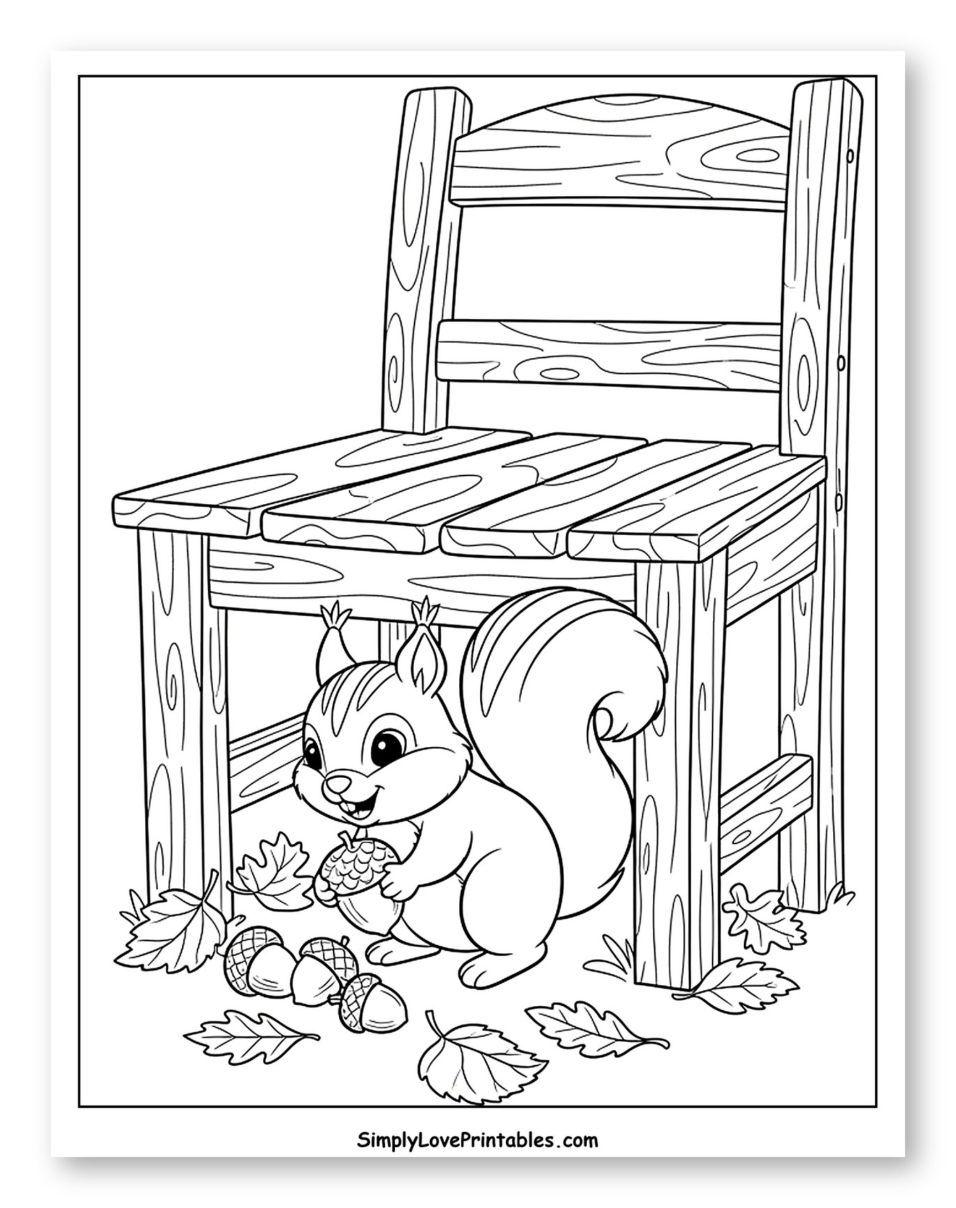 Cute Squirrel and Acorns under a Wooden Chair