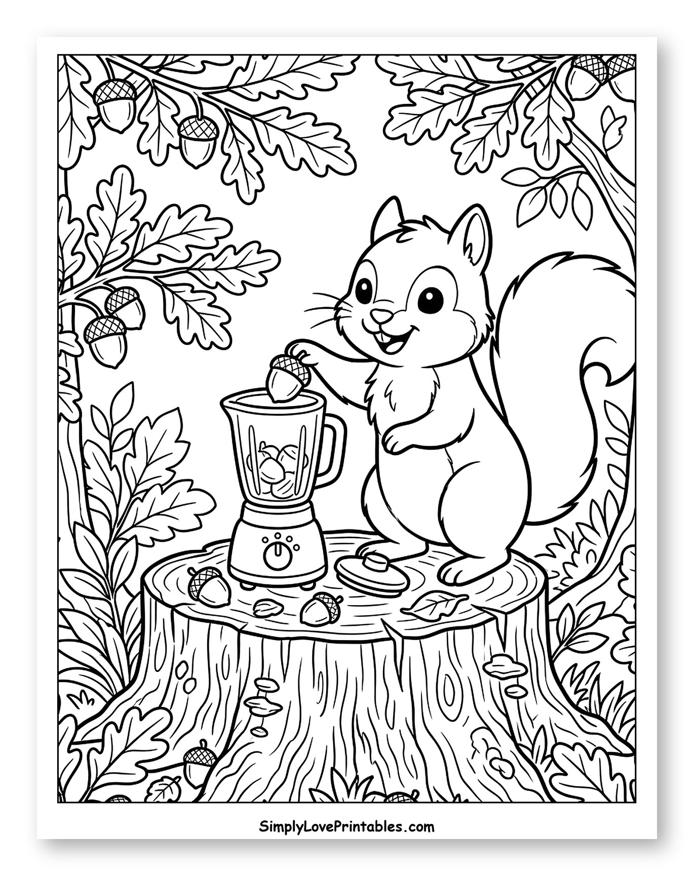 Cute Squirrel Blending Acorns on Tree Stump Coloring Page for Kids