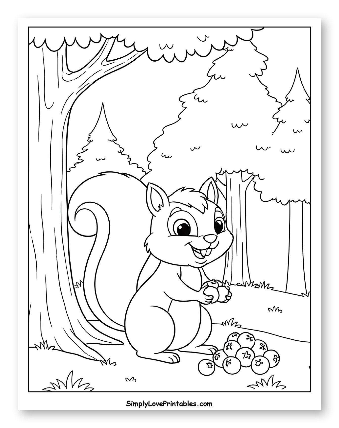 Cute Squirrel Collecting Blueberries in Forest Coloring Sheet for Kids