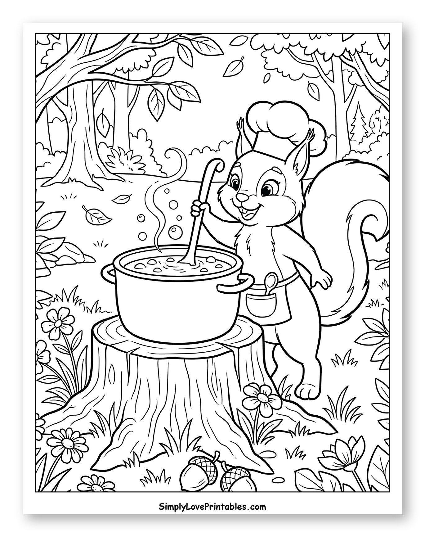 Cute Squirrel Cooking Soup on Tree Stump
