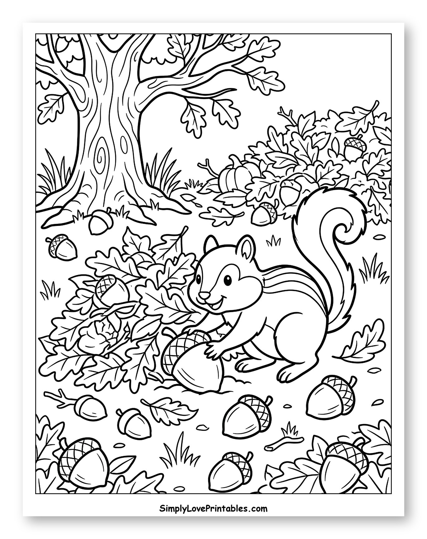 Cute Squirrel Gathering Acorns Under an Oak Tree