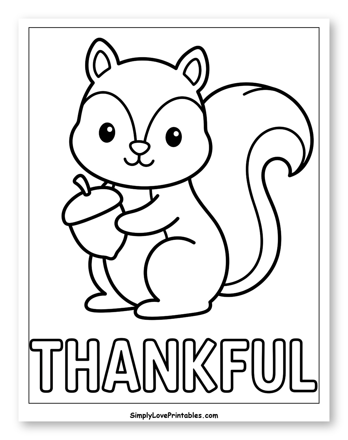 Cute Squirrel Holding an Acorn with Thankful Text Coloring Page for Toddlers