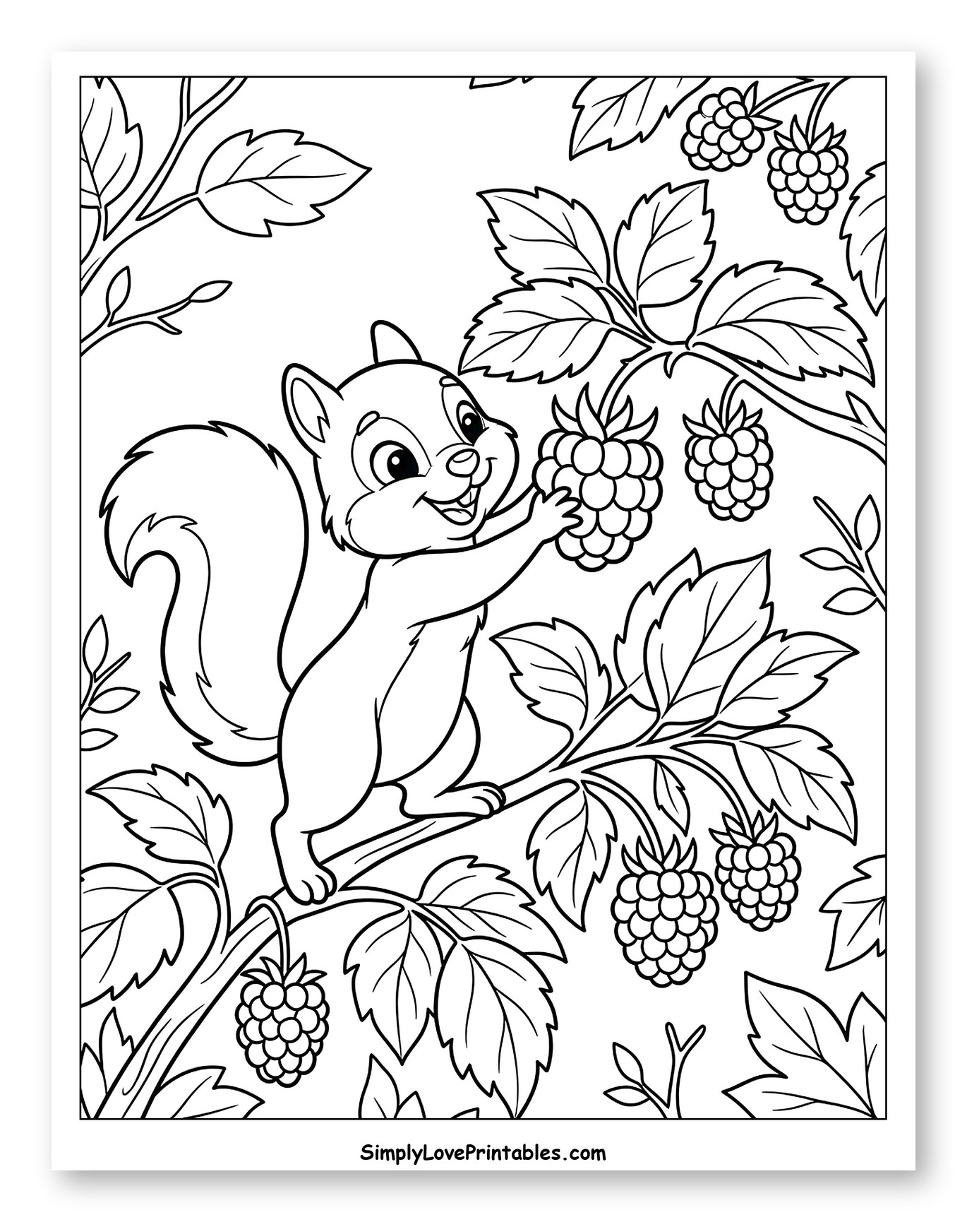 Cute Squirrel Reaching for Raspberries to Color for Kids