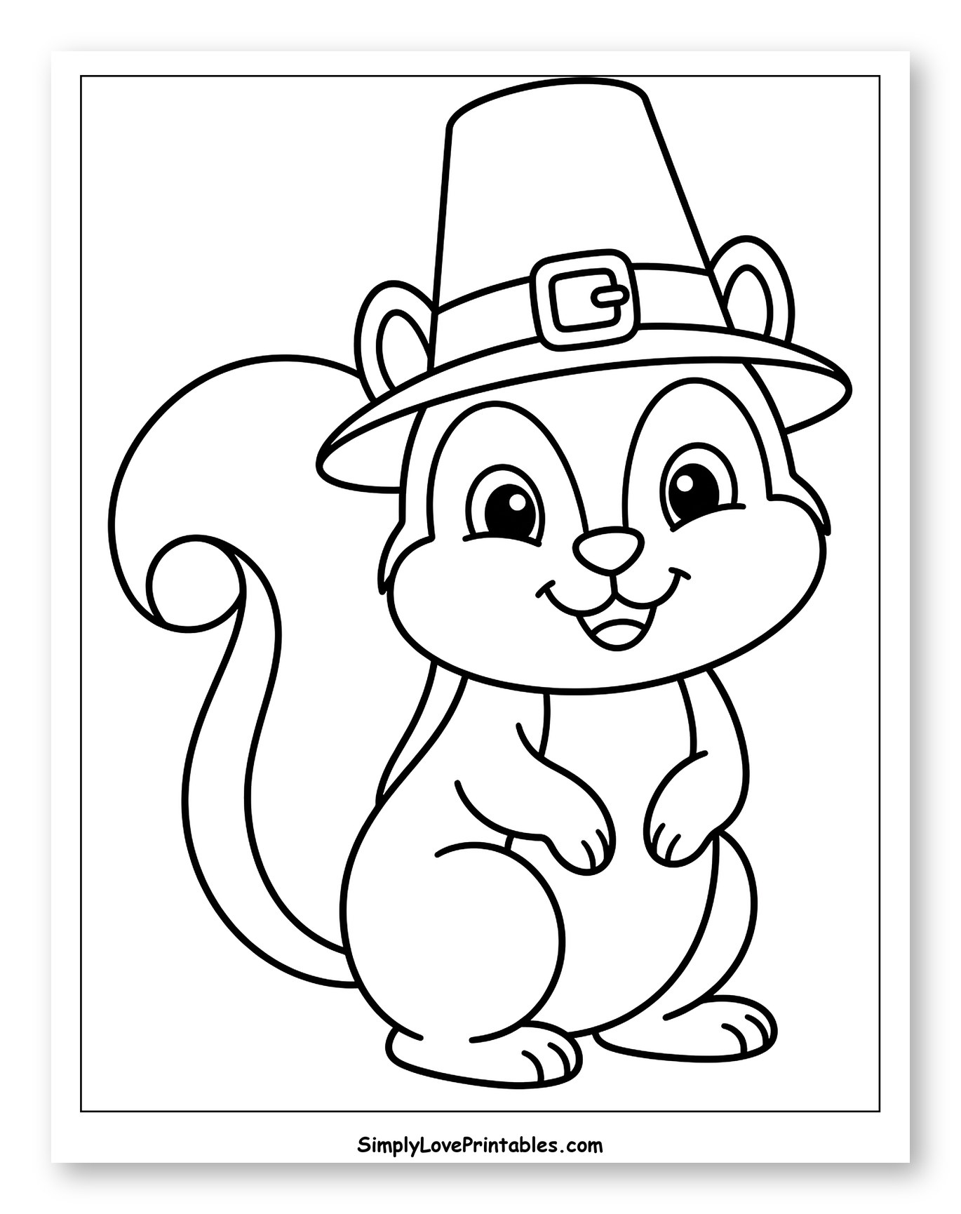 Cute Squirrel Wearing a Pilgrim Hat Coloring Sheet for Toddlers