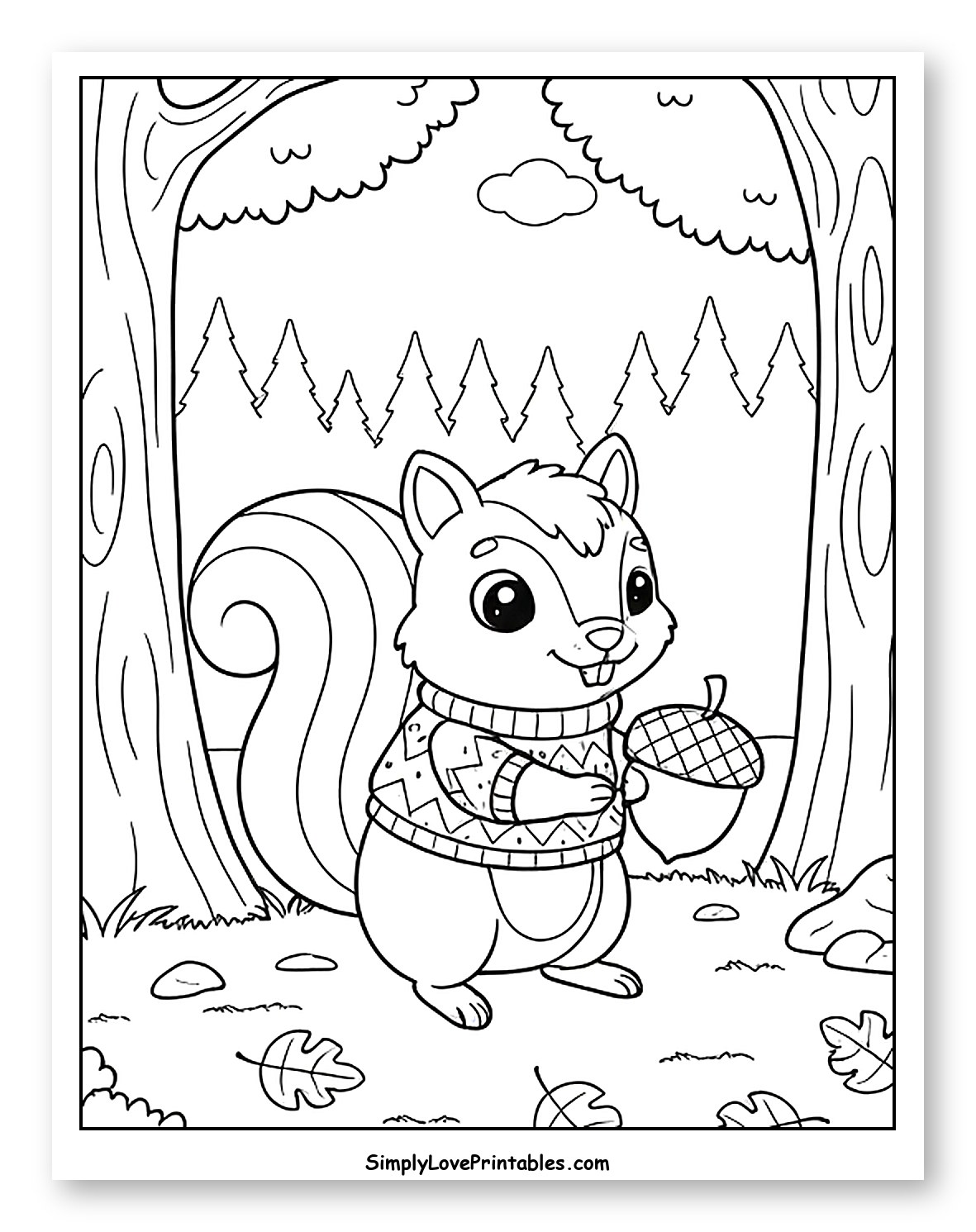Cute Squirrel Wearing a Sweater Holding an Acorn to Color for Kids