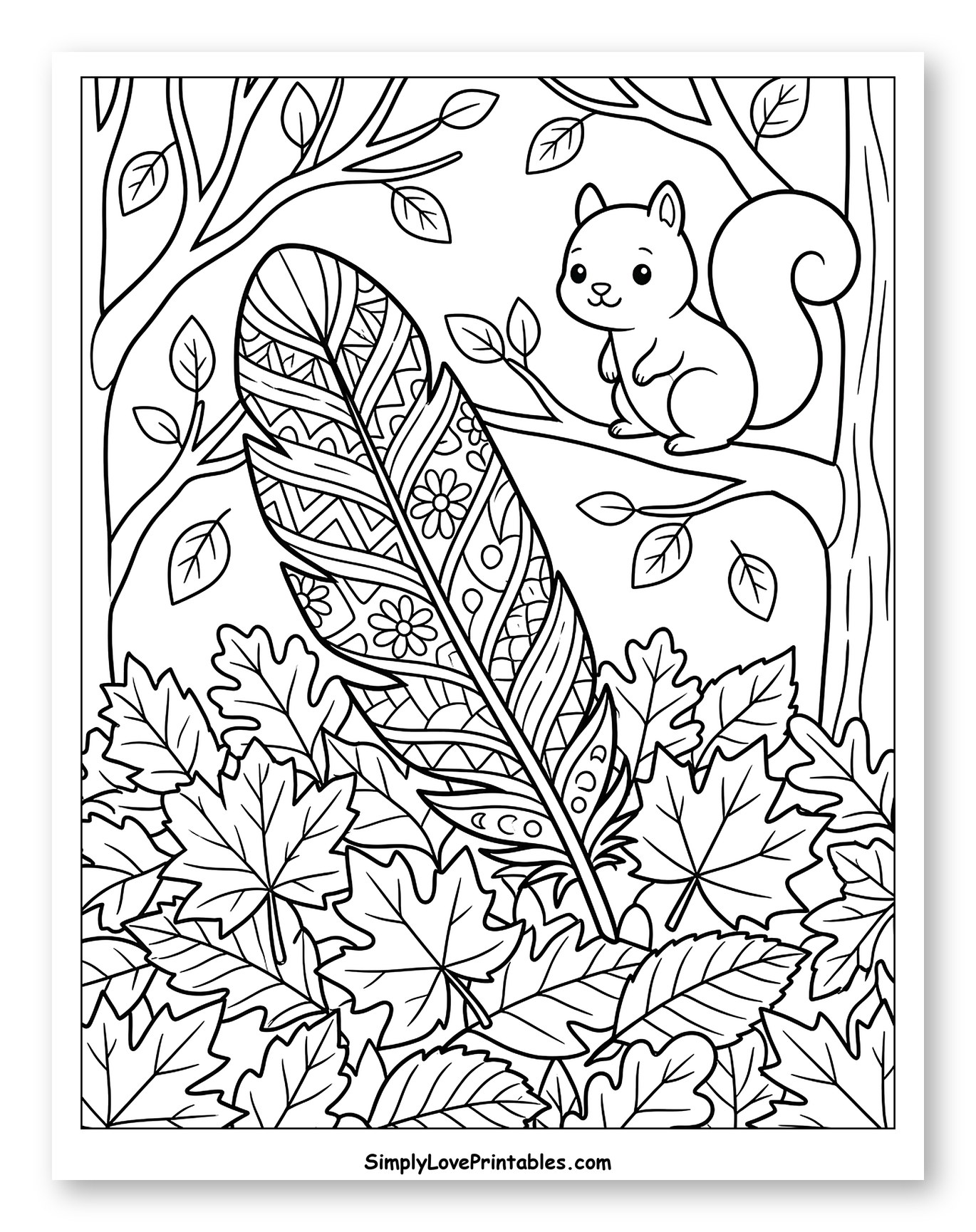 Cute Squirrel with Ornate Feather and Fall Leaves