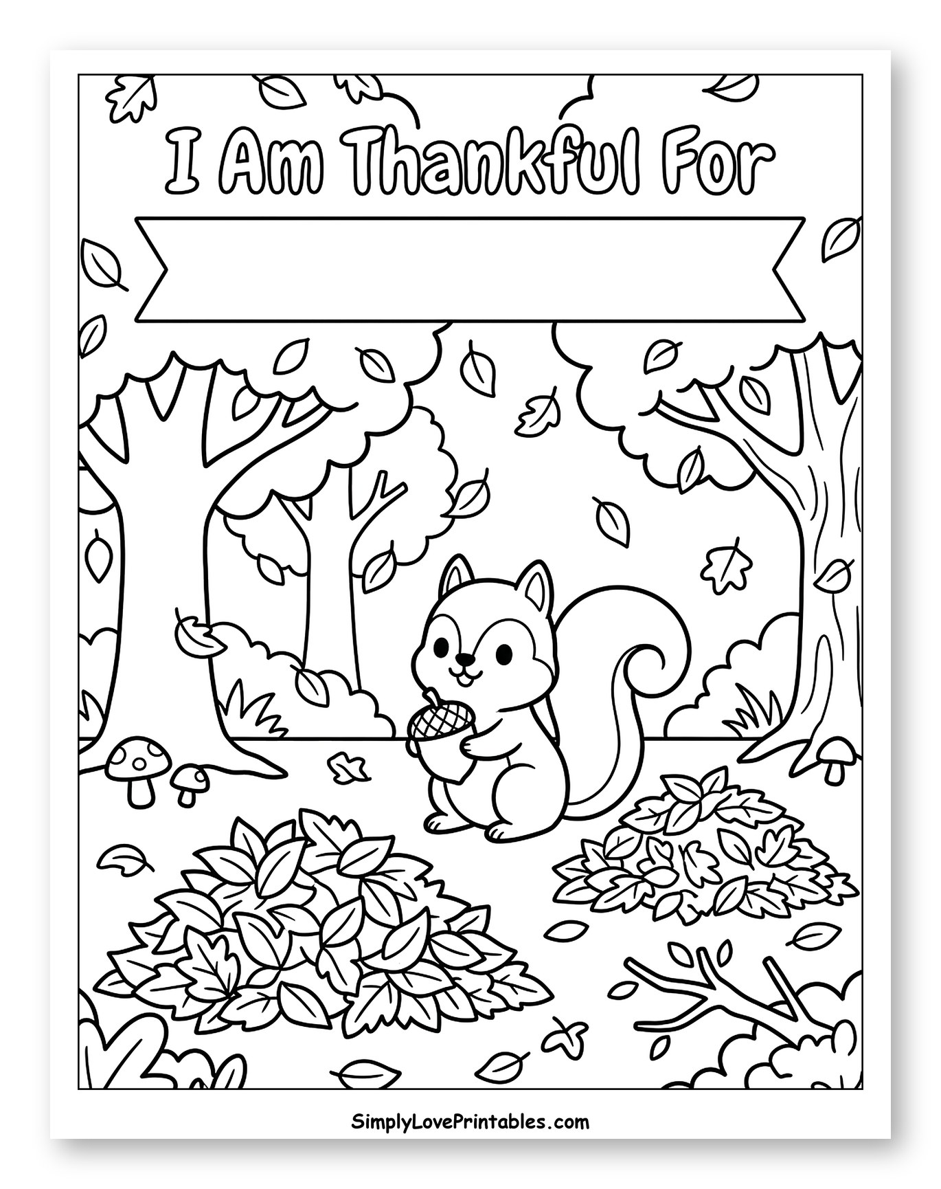Cute Squirrel with Thankful Banner and Autumn Leaves Coloring Page for Kids