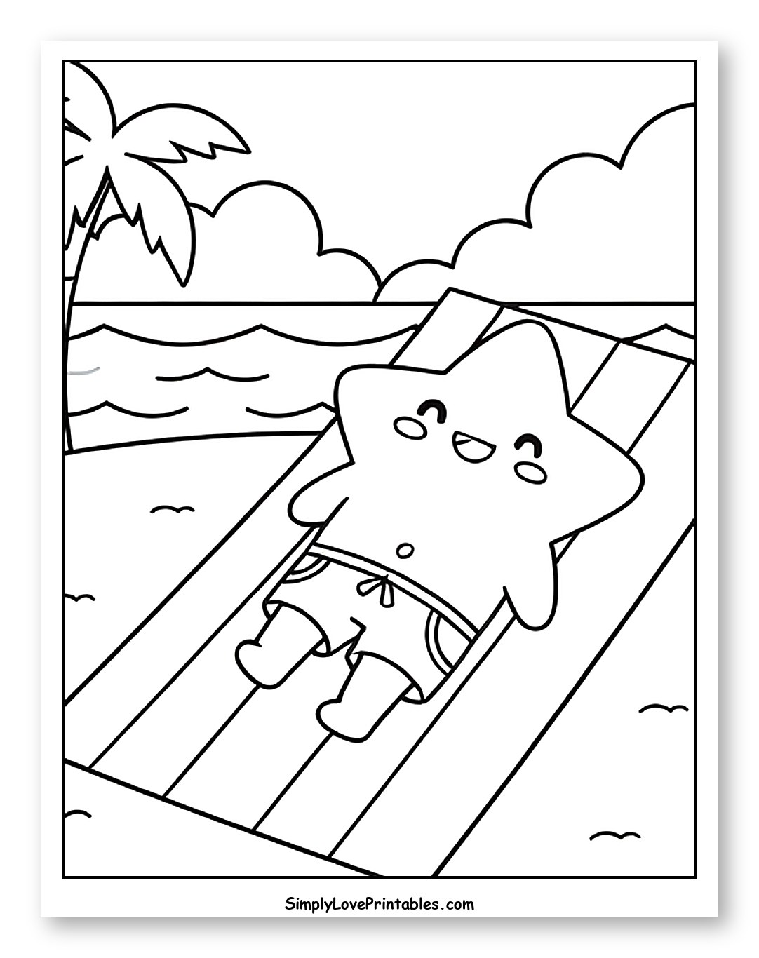 Cute Starfish Relaxing on Beach Mat Coloring Page for Kids