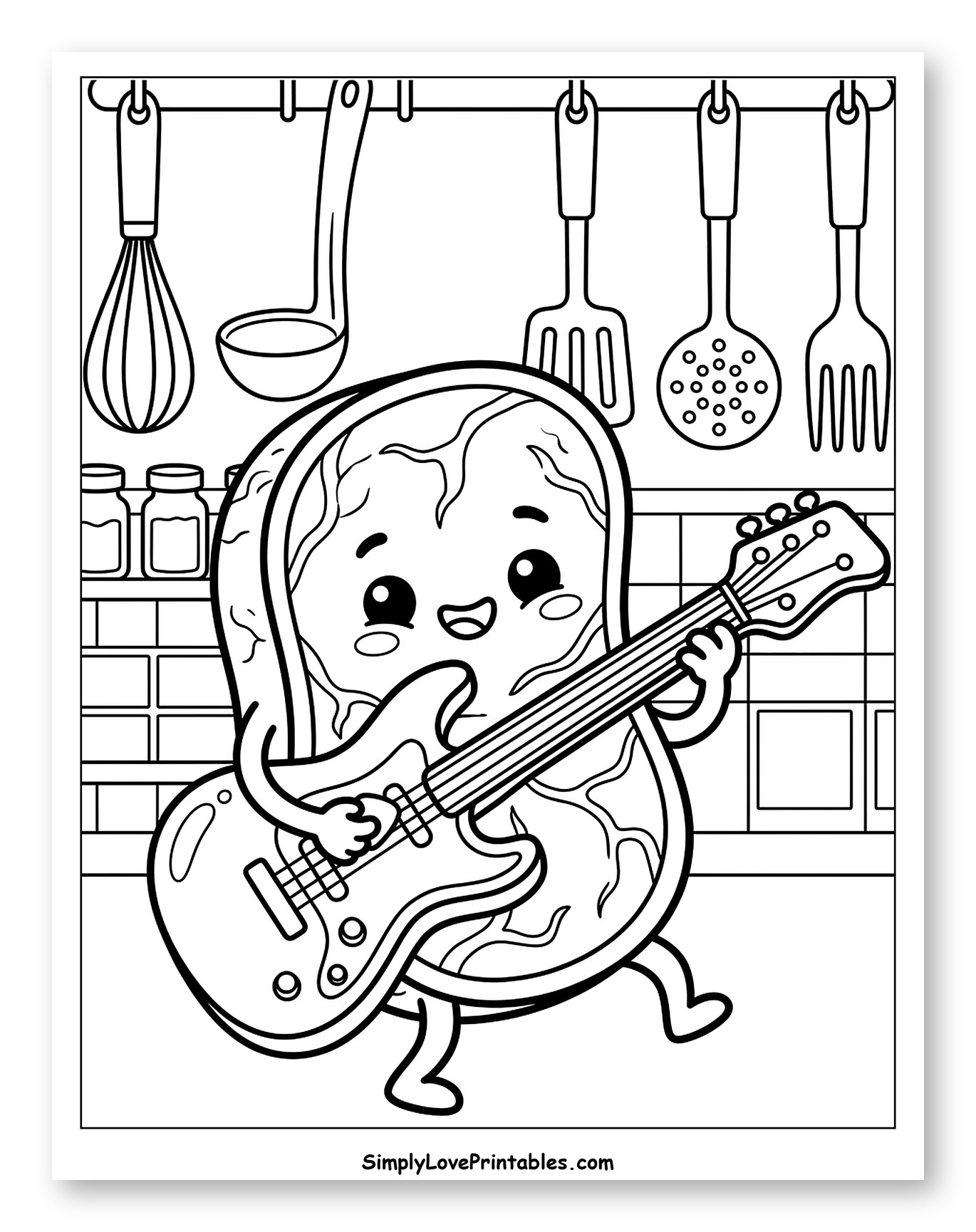 Cute Steak Playing Electric Guitar in Kitchen to Color for Kids