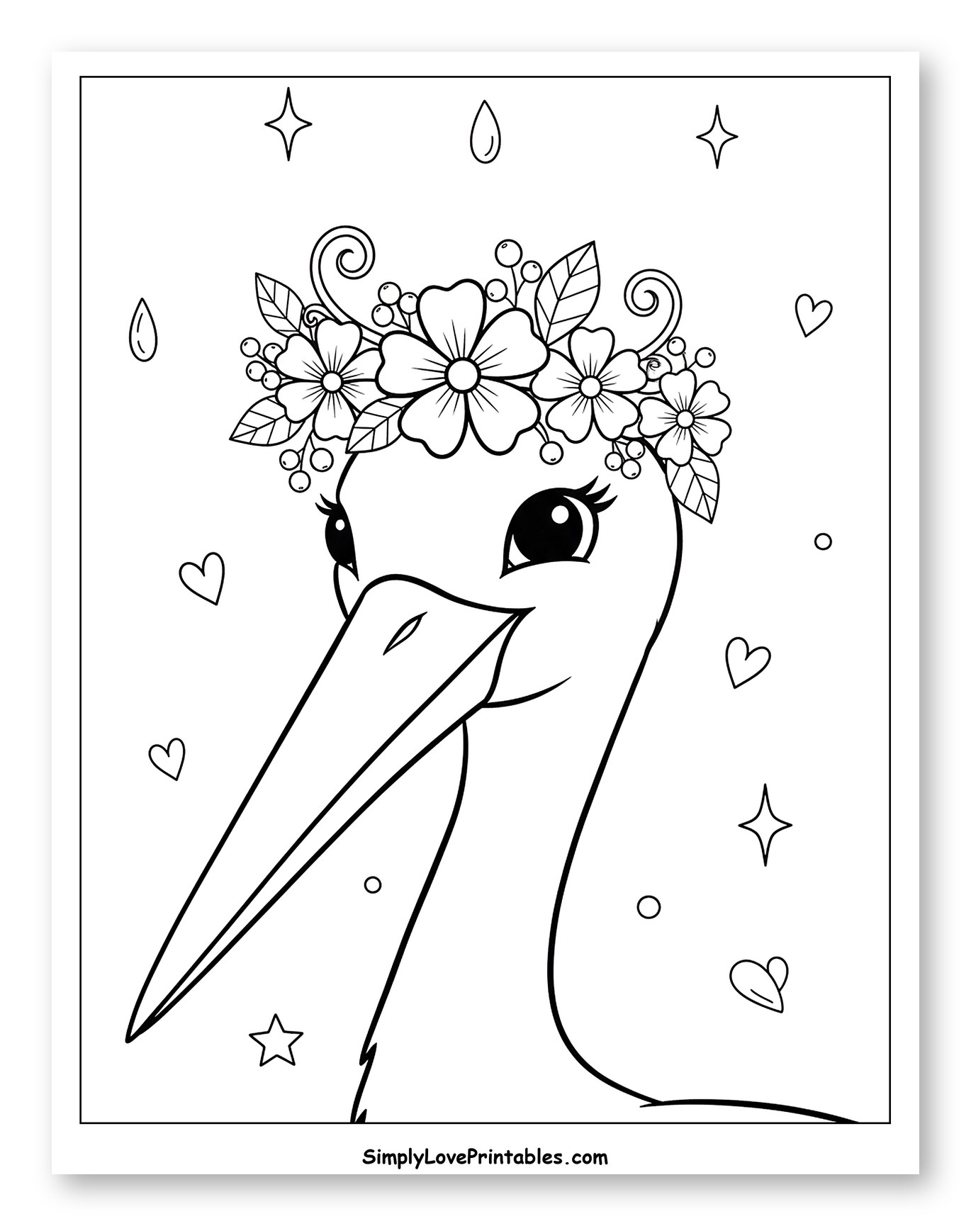 Cute Stork Wearing a Flower Crown