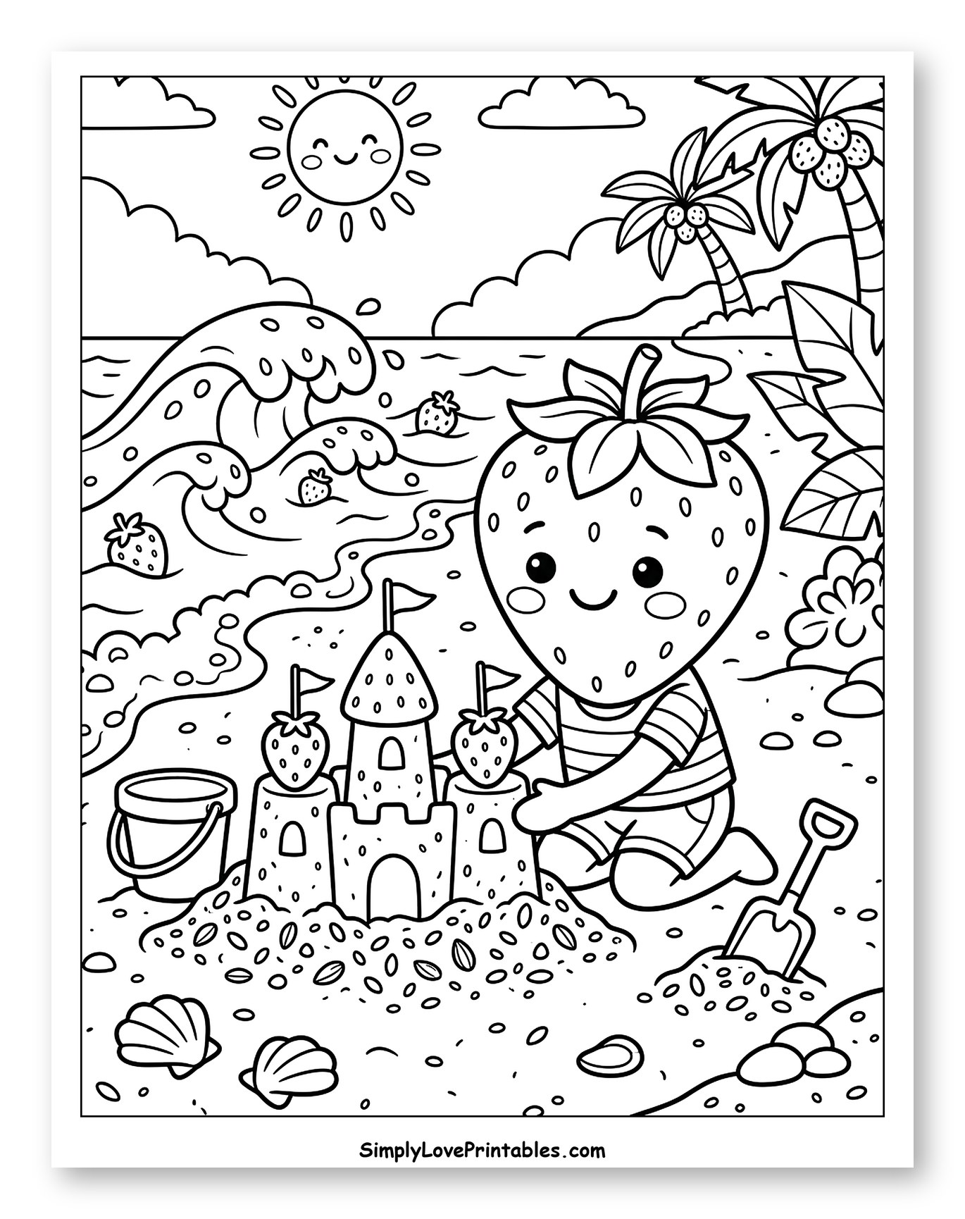 Cute Strawberry Building Sandcastle at Beach to Color for Kids