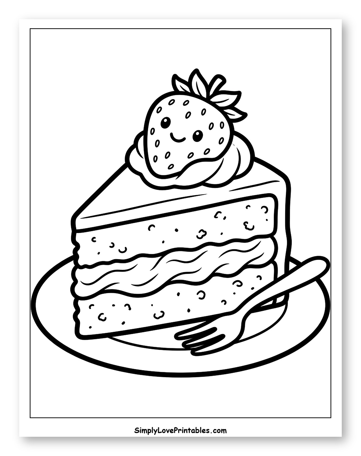 Cute Strawberry Cake Slice on a Plate Coloring Page for Toddlers