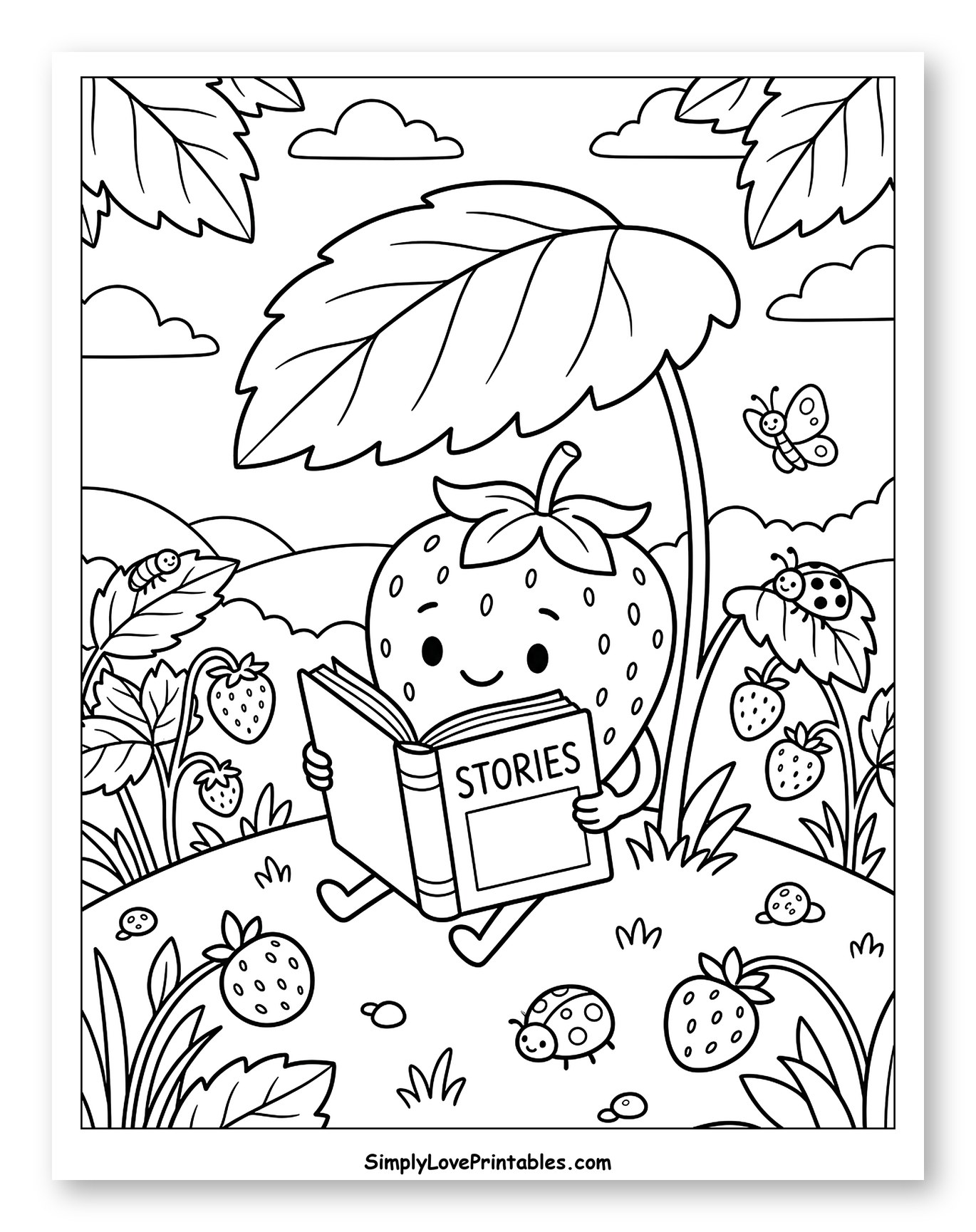 Cute Strawberry Character Reading a Book Outdoors Coloring Sheet for Kids