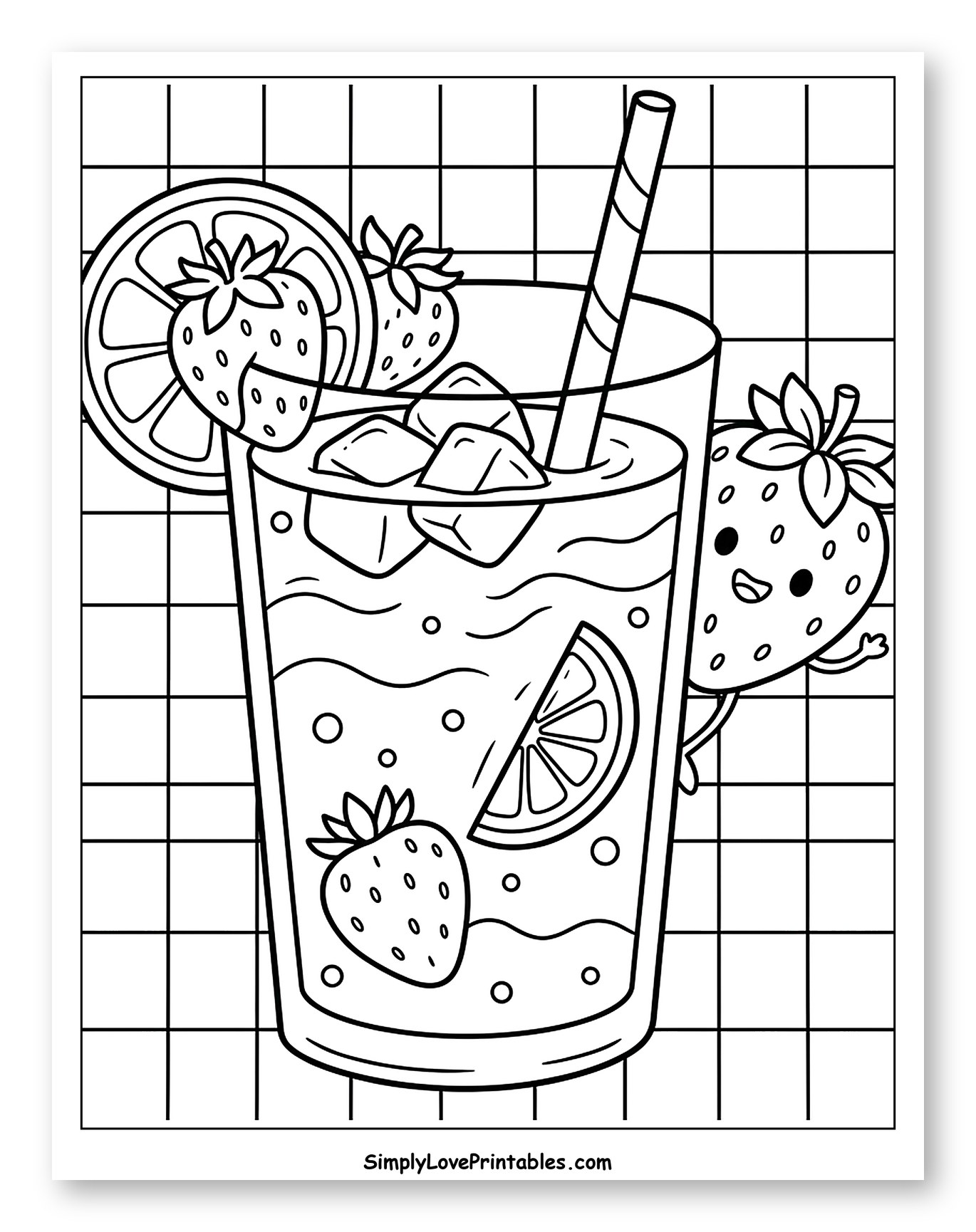 Cute Strawberry Lemonade with Ice Cubes Coloring Page for Kids
