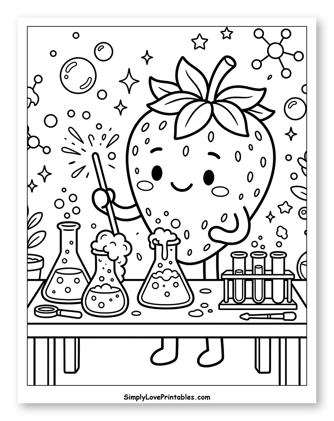 Cute Strawberry Scientist with Lab Equipment to Color for Kids