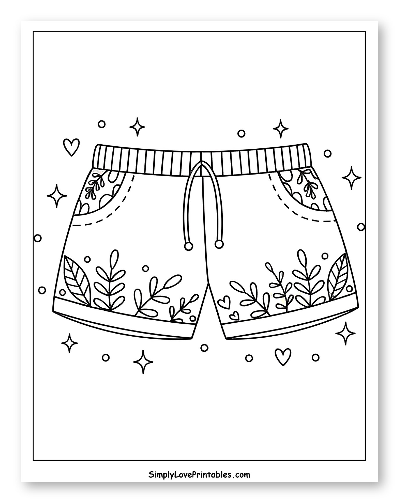 Cute Summer Shorts with Botanical Patterns Coloring Page for Adults