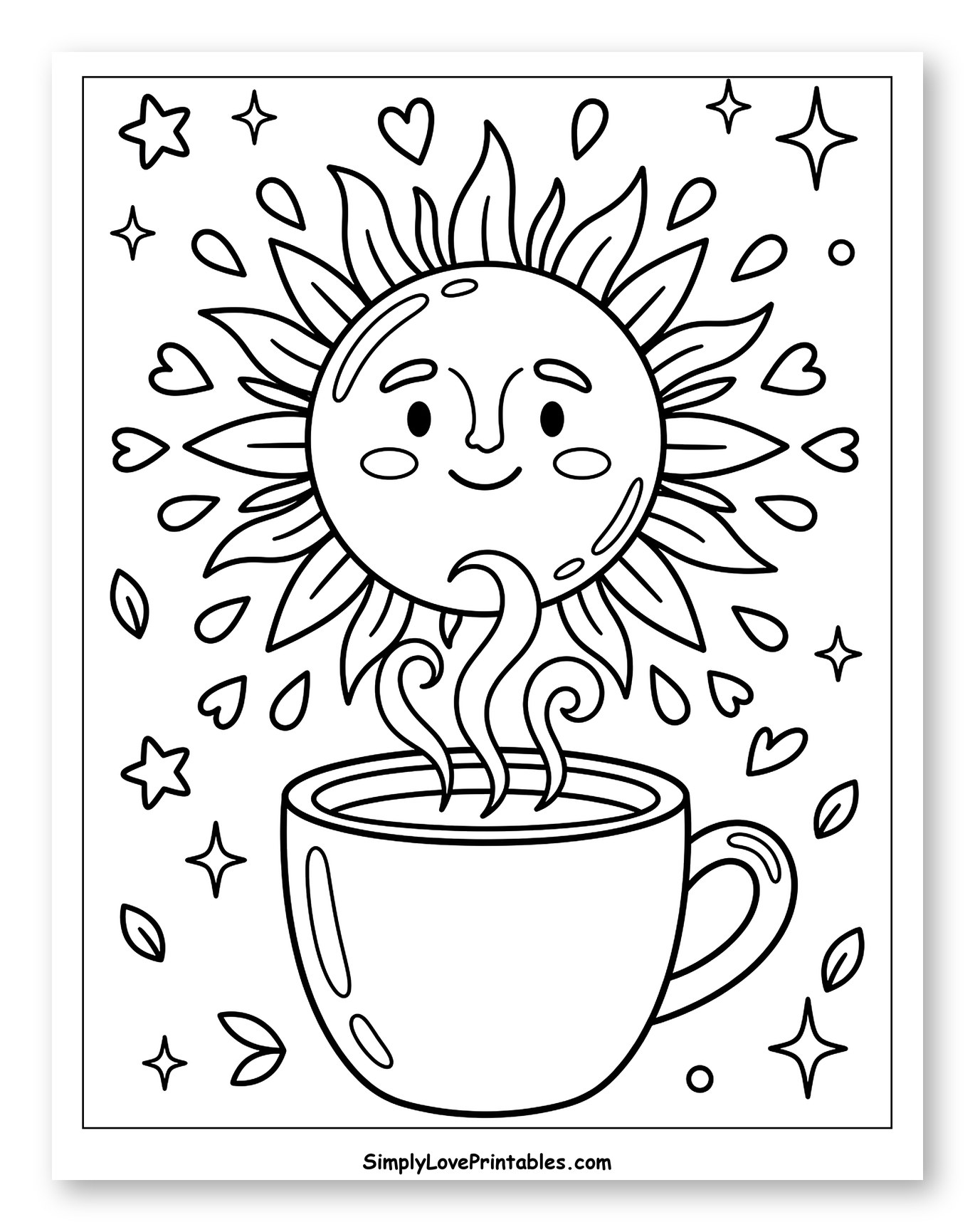 Cute Sun with Hot Coffee Mug Coloring Sheet for Adults