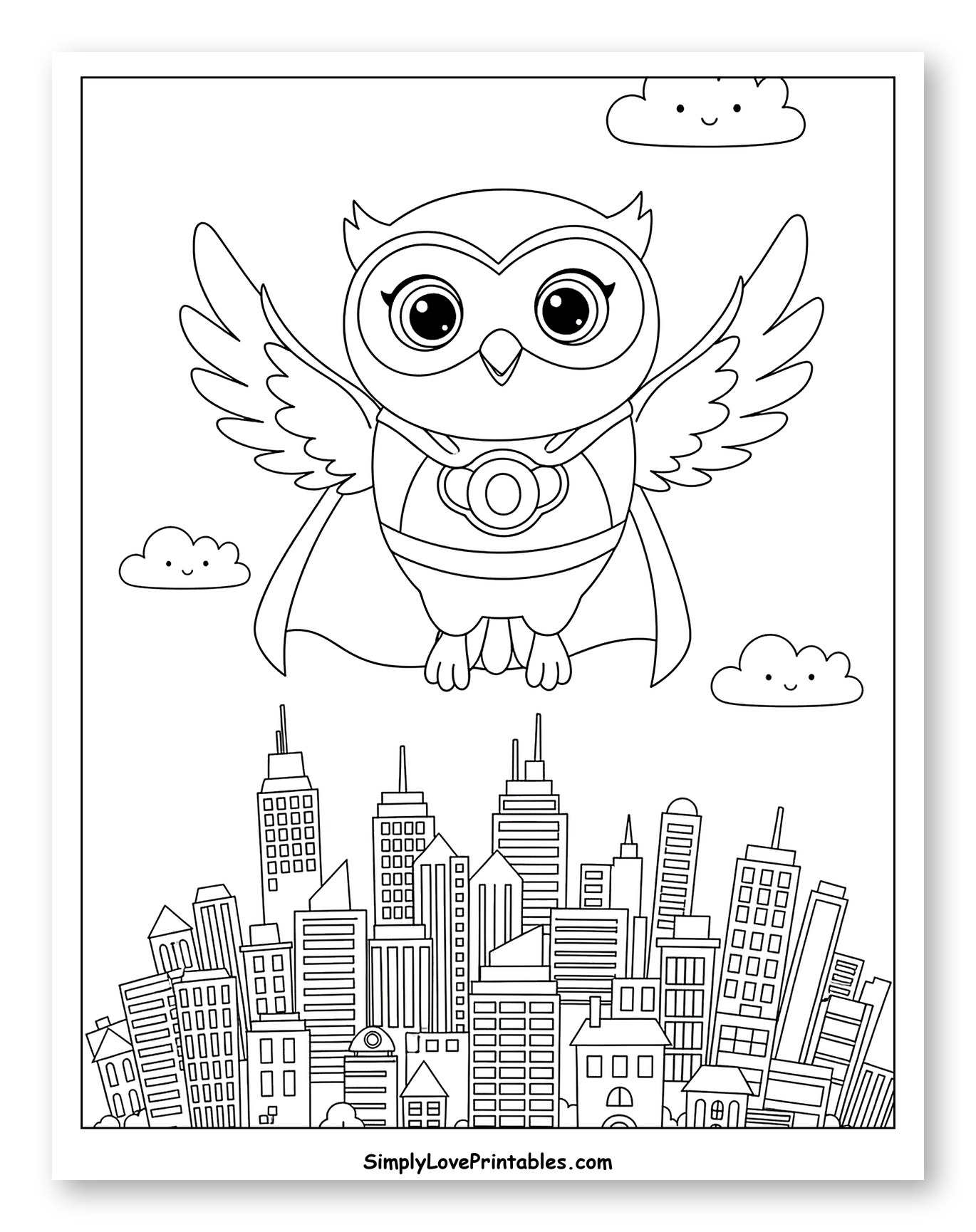 Cute Superhero Owl Flying Over City Coloring Sheet for Kids