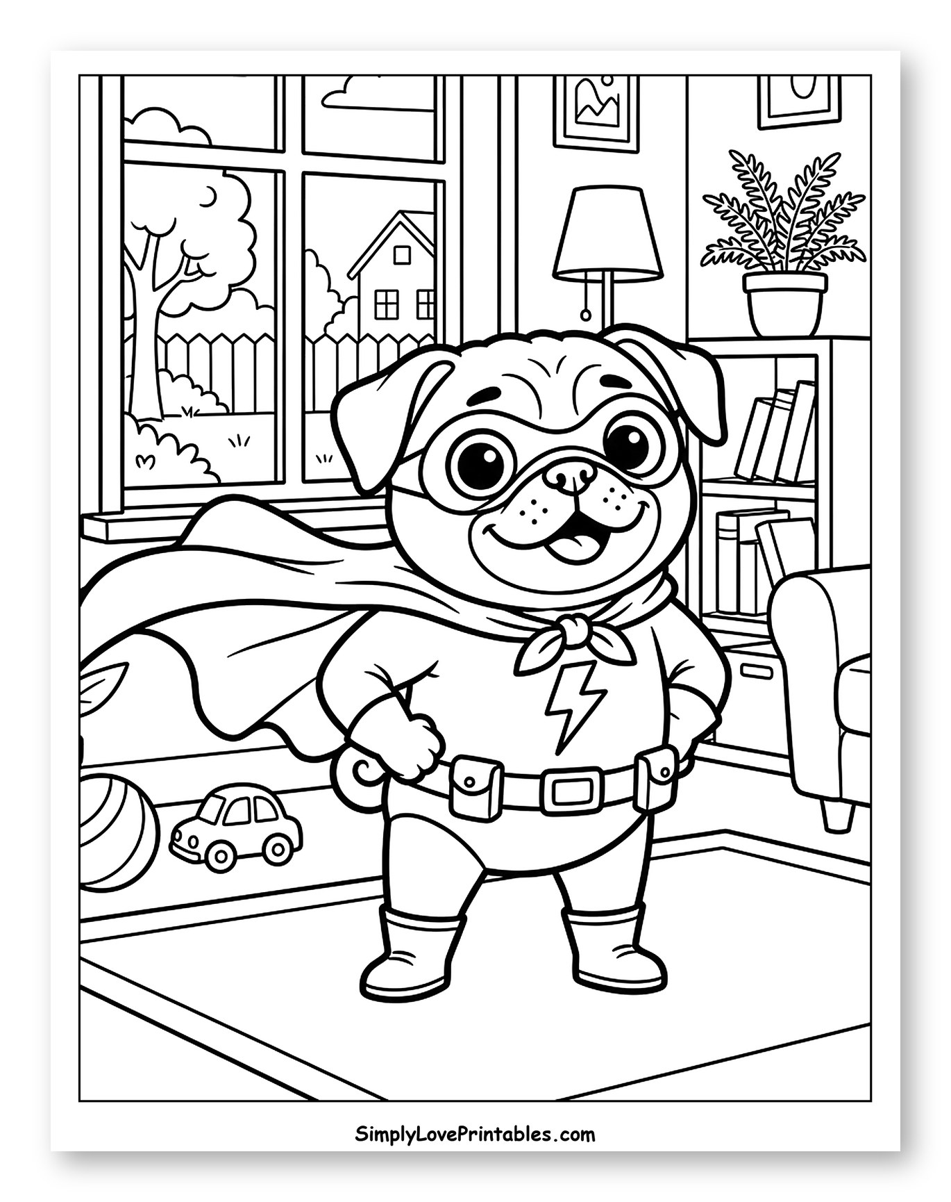 Cute Superhero Pug Standing Proudly Indoors Coloring Page for Kids
