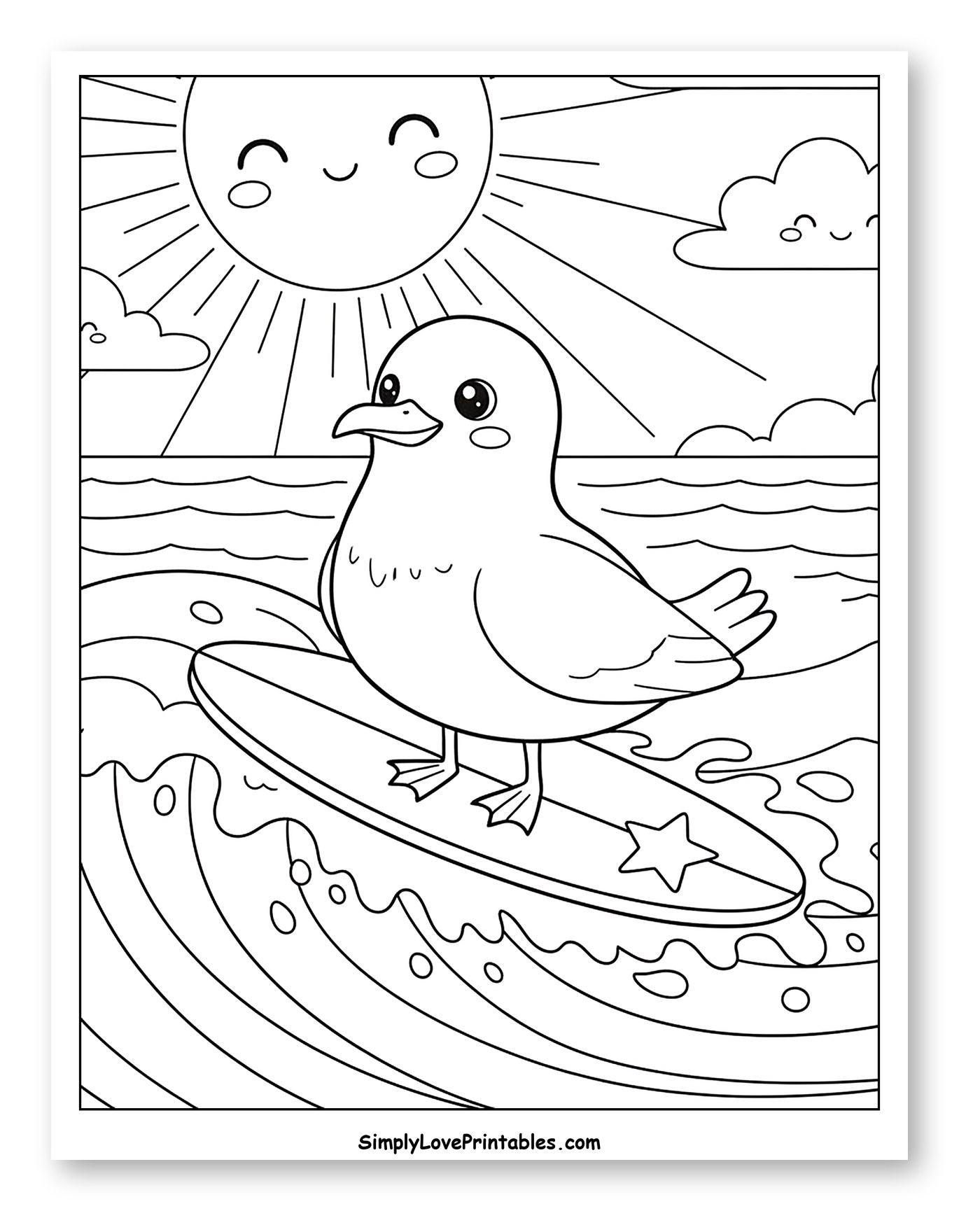 Cute Surfing Seagull with Smiling Sun