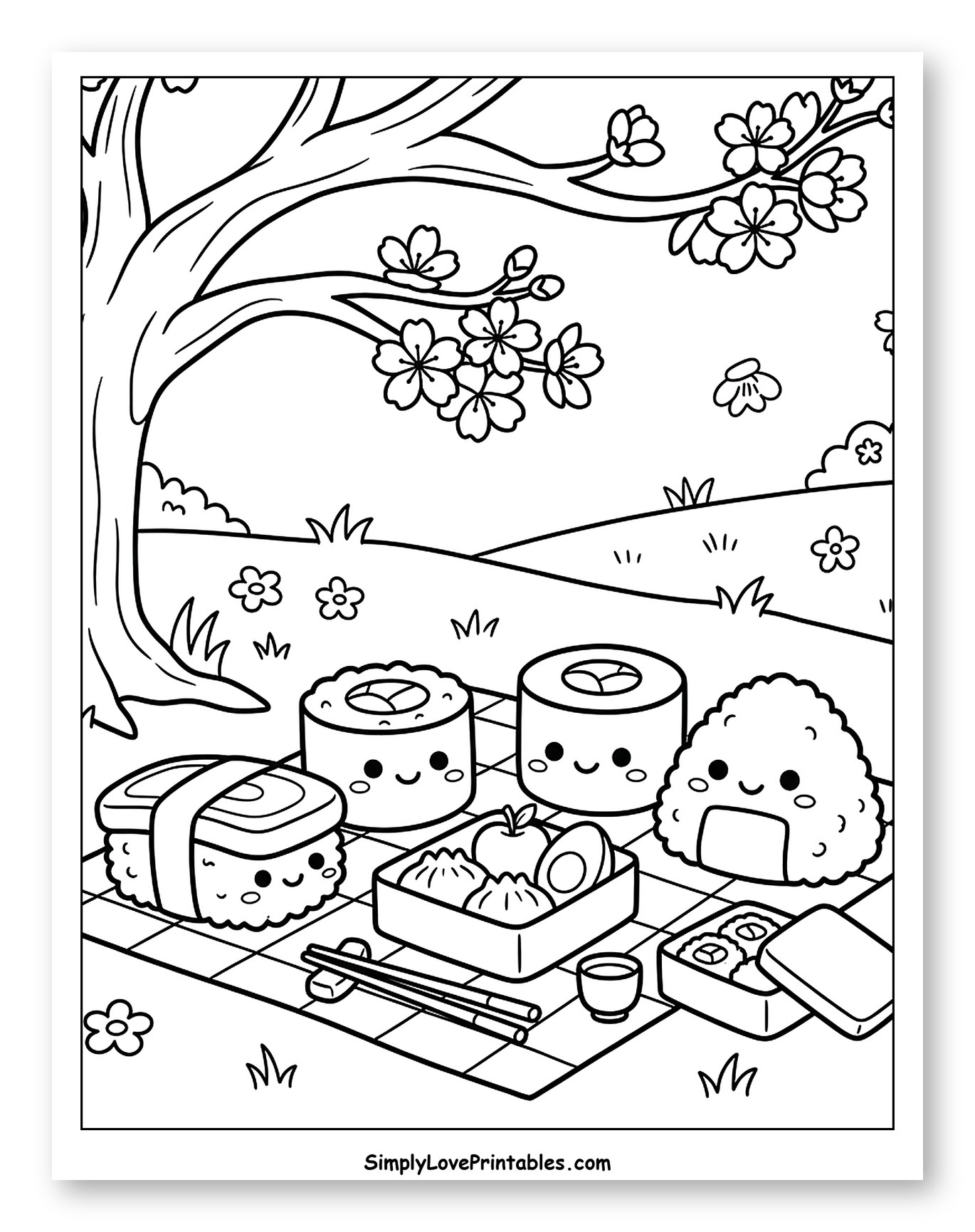 Cute Sushi and Onigiri Under Cherry Tree Coloring Sheet for Kids