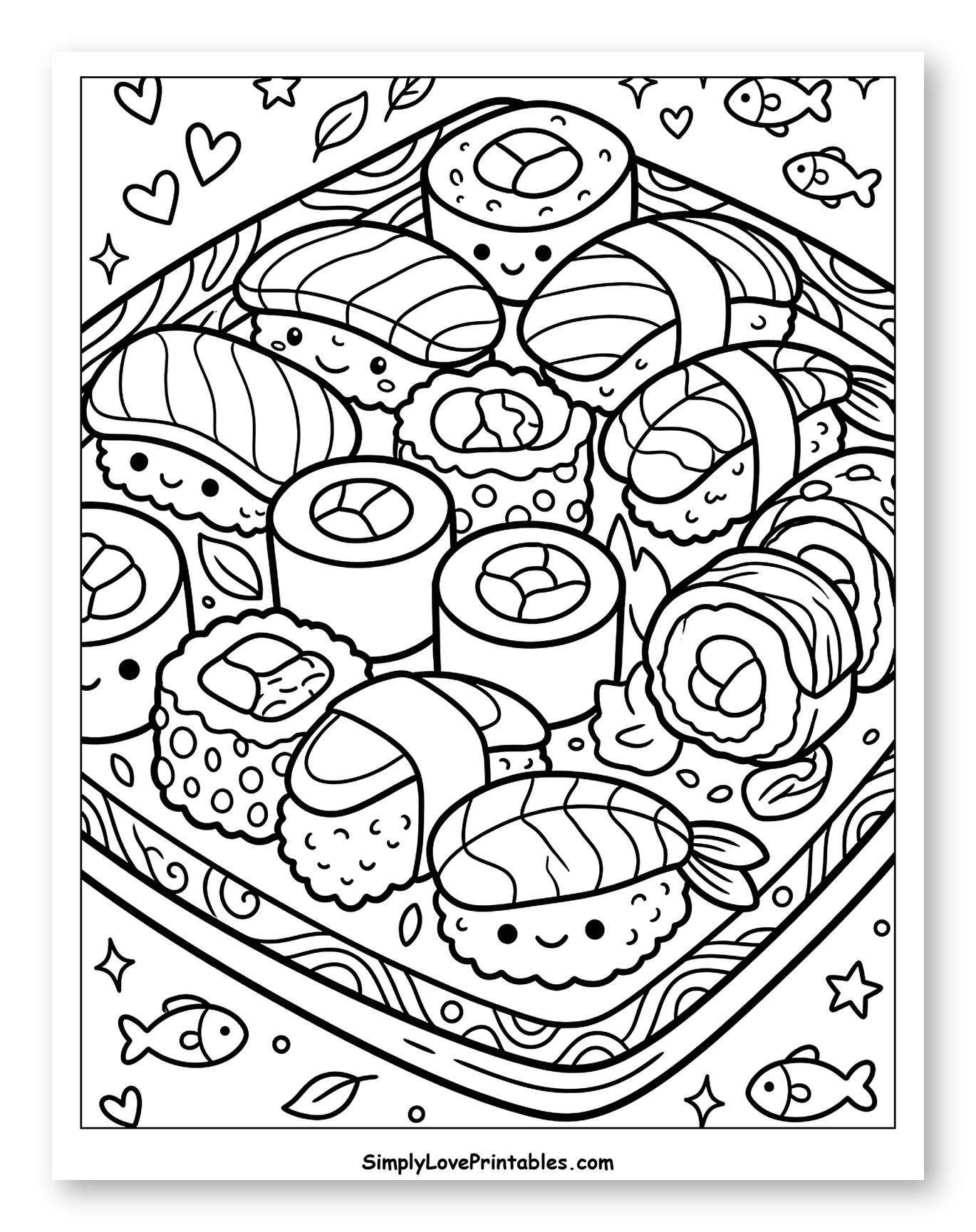 Cute Sushi Platter with Happy Faces to Color for Adults