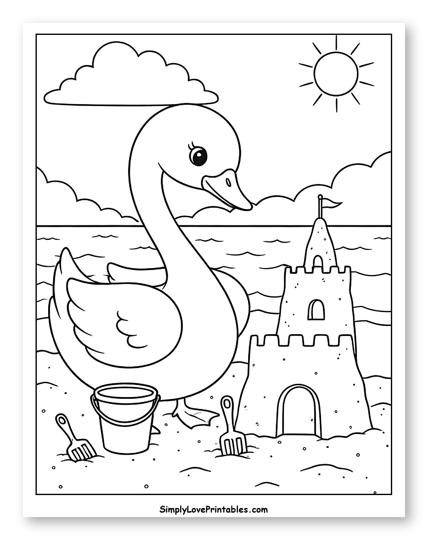 Cute Swan on Beach with Sandcastle