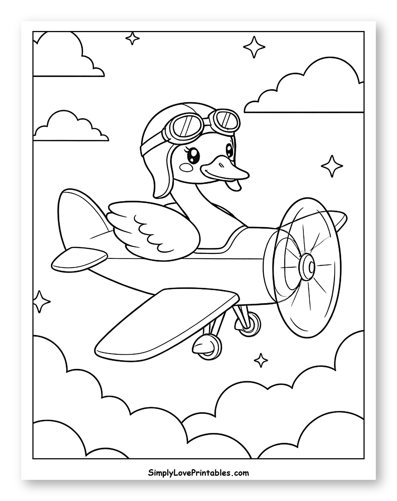 Cute Swan Pilot Flying an Airplane Coloring Sheet for Kids