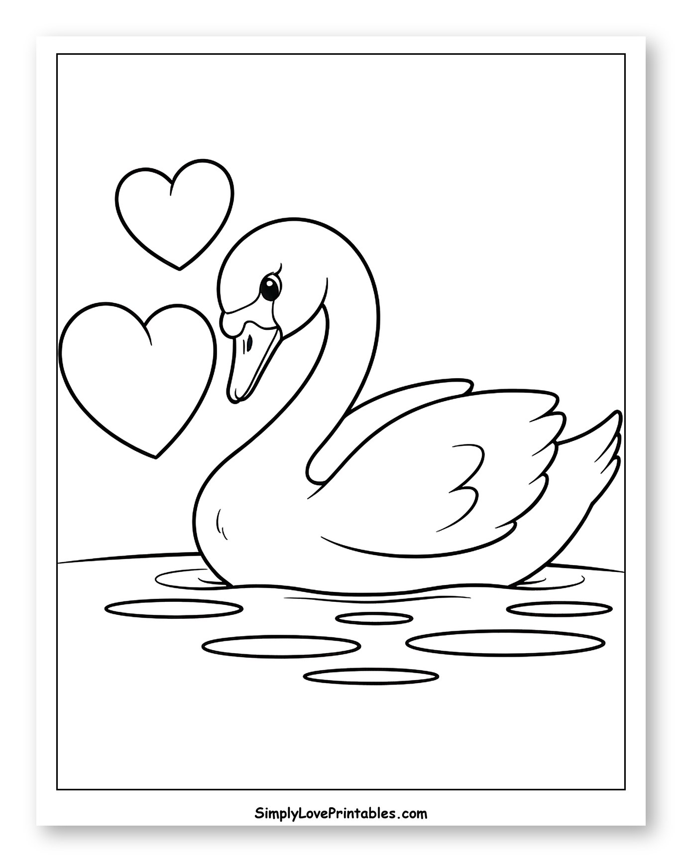 Cute Swan with Floating Hearts on Water Coloring Sheet for Toddlers