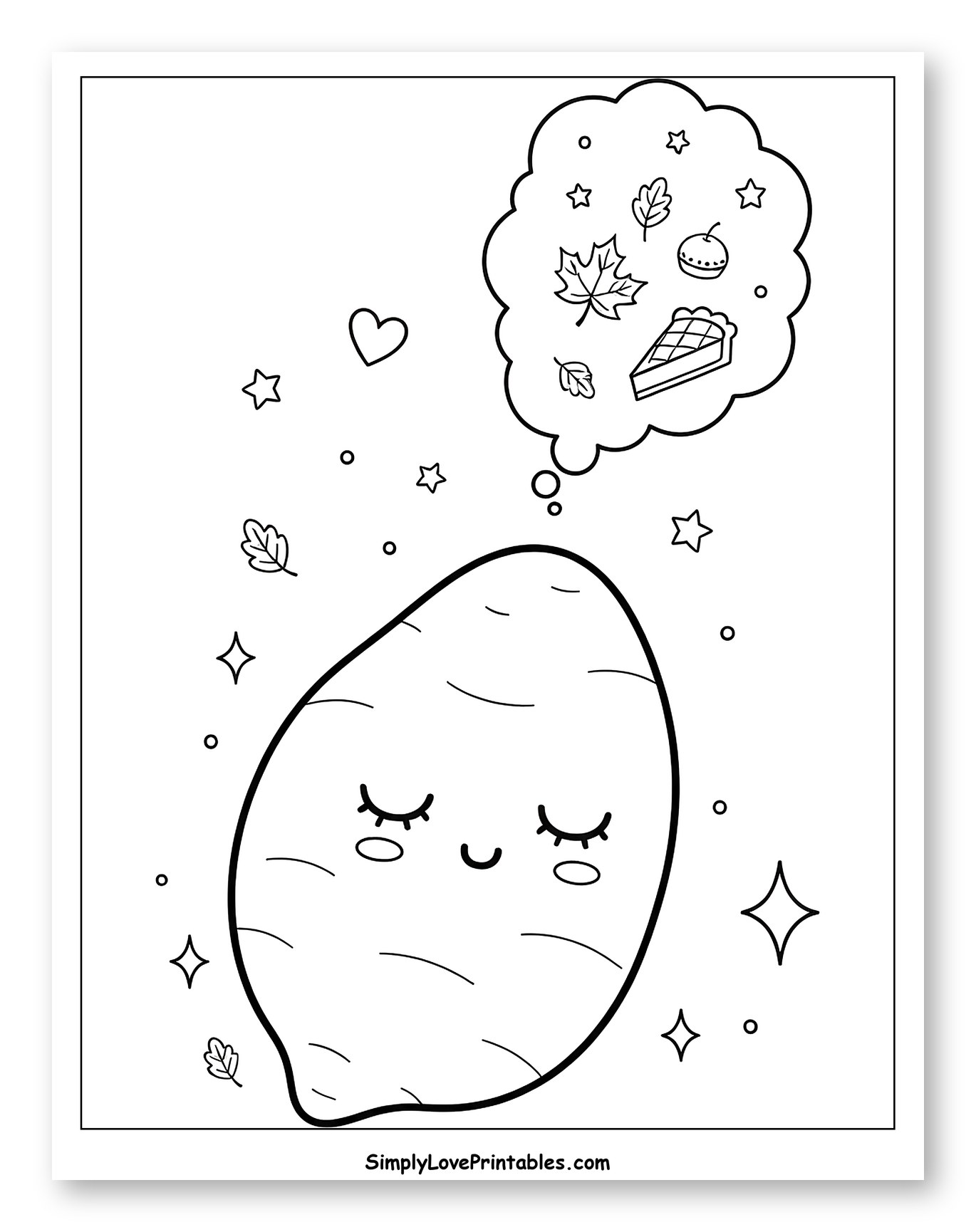 Cute Sweet Potato Dreaming of Fall Treats Coloring Page for Adults