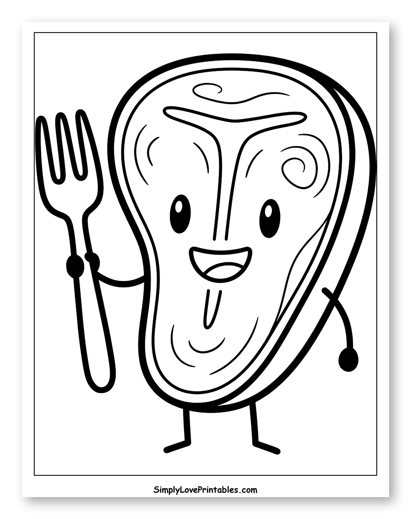 Cute T-Bone Steak Holding a Fork Coloring Sheet for Toddlers