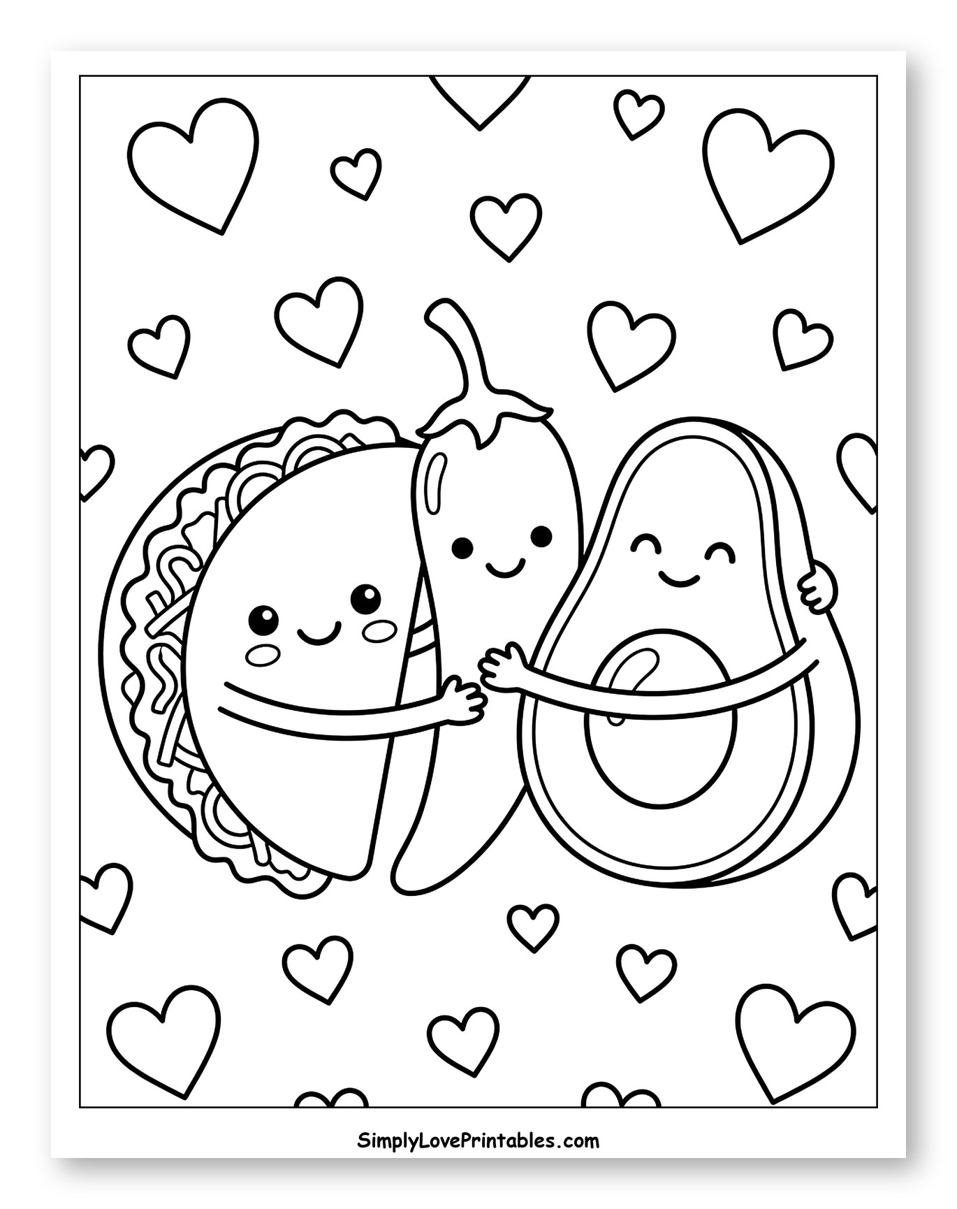 Cute Taco, Chili Pepper, and Avocado Hugging to Color for Kids