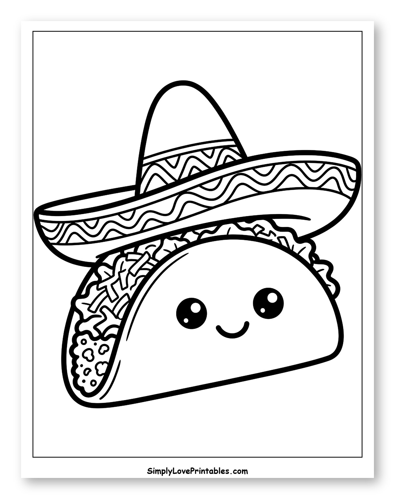 Cute Taco Wearing a Sombrero to Color for Toddlers
